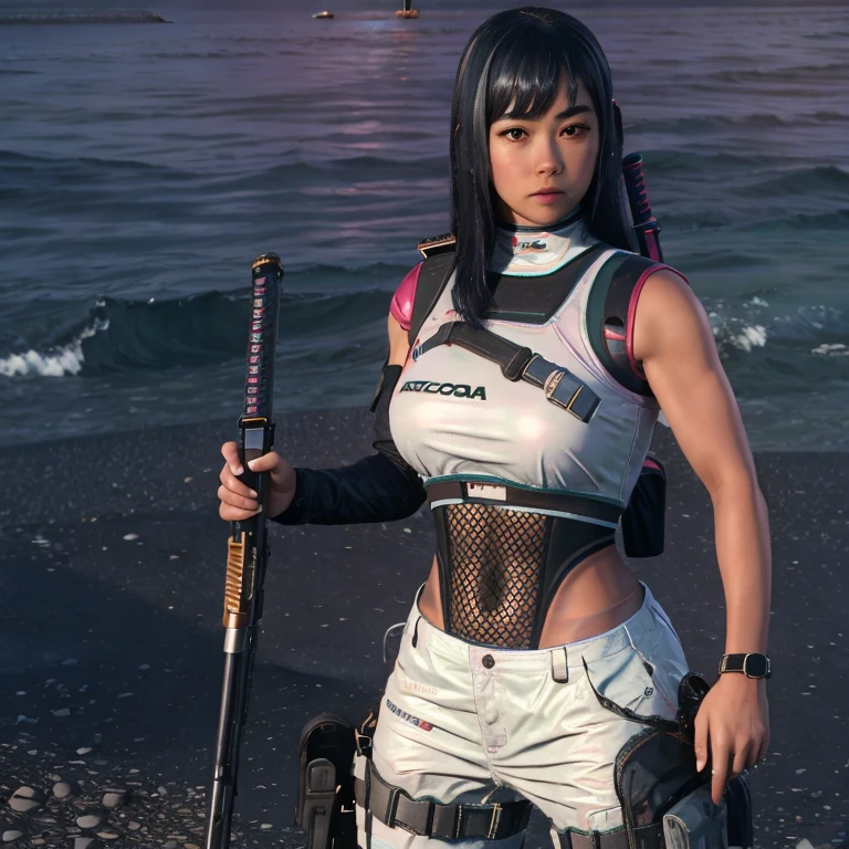 (masterpiece, best quality:1.2), 1girl, solo, tactical gear, black boots, beautiful face, mexican american girl, katana on back,