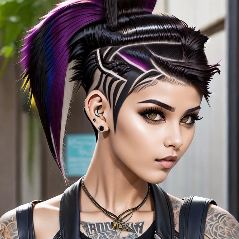 1 girl, 20 year old woman, ((Shaved side hairstyle:1.4)), (Punk:1.3), (((asymmetrical hair:1.3)), ((long hair:1.3)) and ((shaven side hair:1.3)),