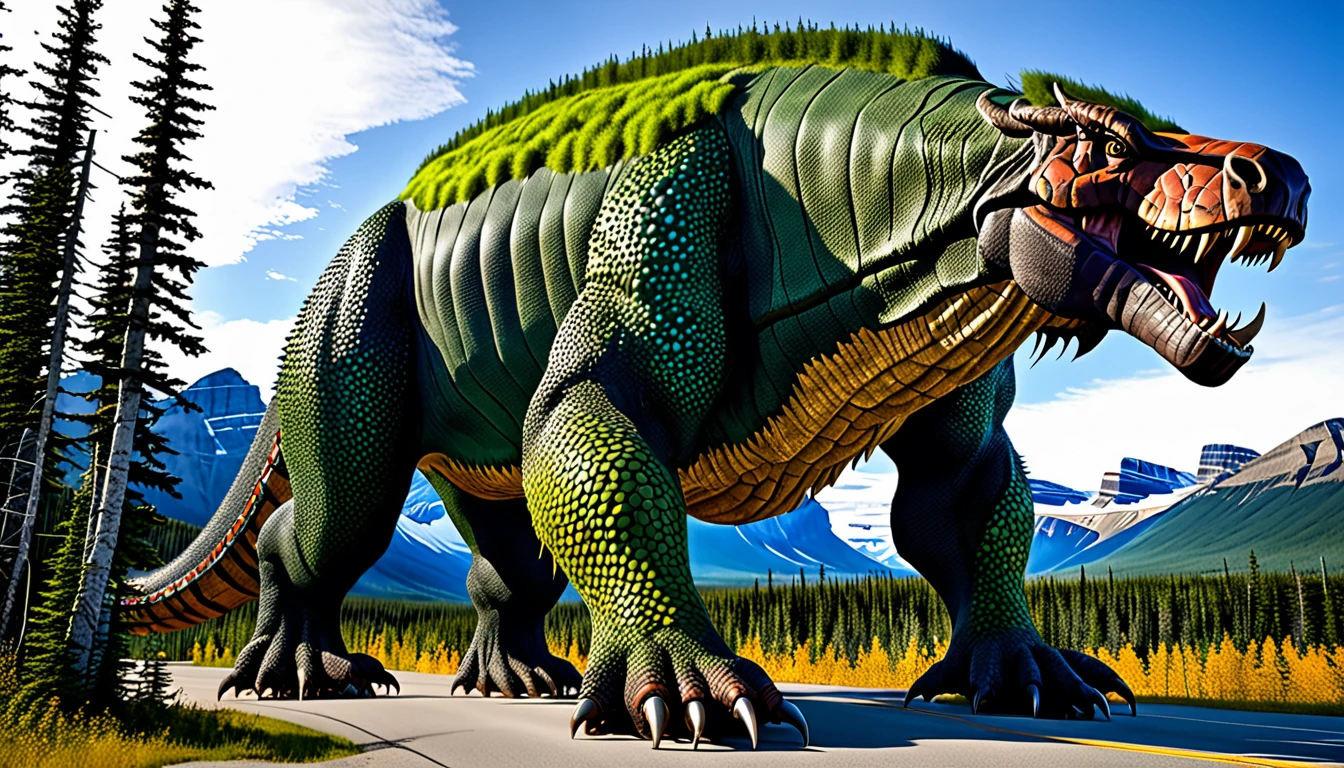A gigantic creature invades Canada, very detailed skin texture.
