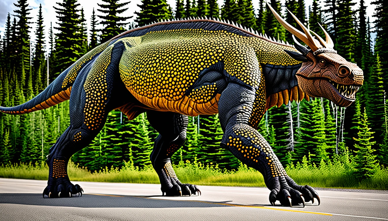 A gigantic creature invades Canada, very detailed skin texture. 