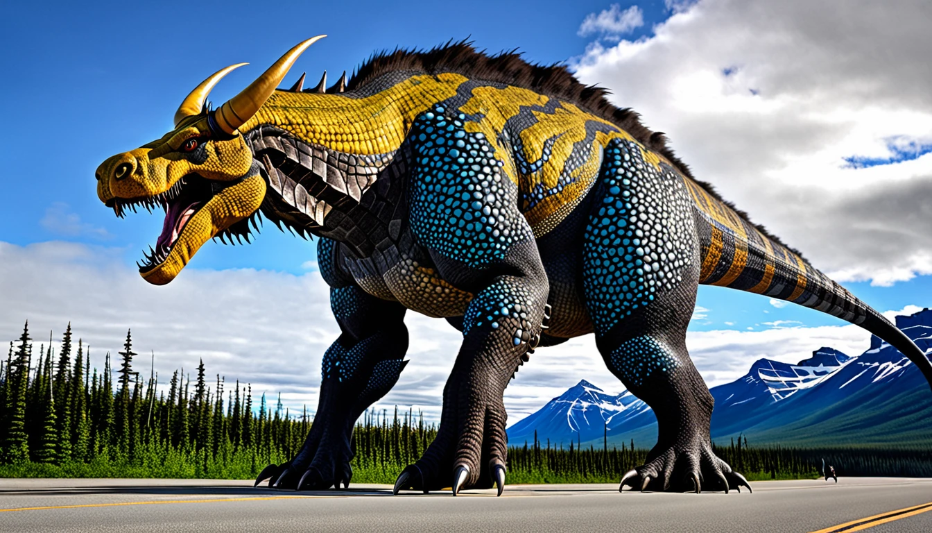 A gigantic creature invades Canada, very detailed skin texture. 