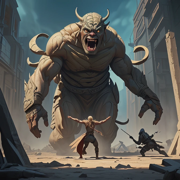 movie, Giant, final showdown, epic scene, by Vladyslav Yerko, (best quality, masterpiece, Representative work, official art, Professional, Ultra intricate detailed, 8k:1.3)