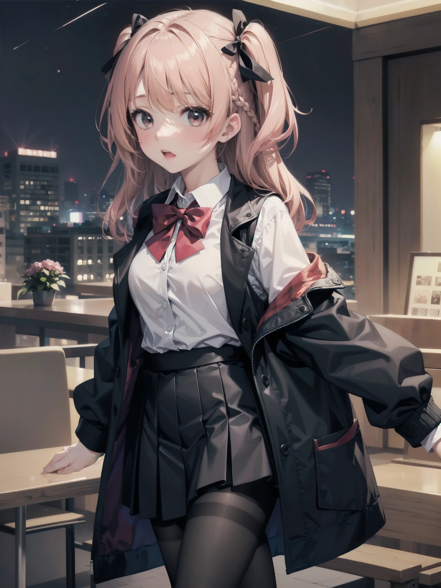 masterpiece, highest quality, High resolution, super detailed, 1 girl、solo、bog cut、braid、colorful hair,one side up,parted bangs hair ribbon,Jacket,black Jacket,open Jacket,red bow tie,vest,brown vest,shirt,white shirt,short sleeve,shorter than long sleeve,skirt,black skirt,pantyhose,brown 黒色のpantyhose,Argyle Legwear,indoor,blush,(embarrassing:1.2),(night:1.4),cute、Super cute