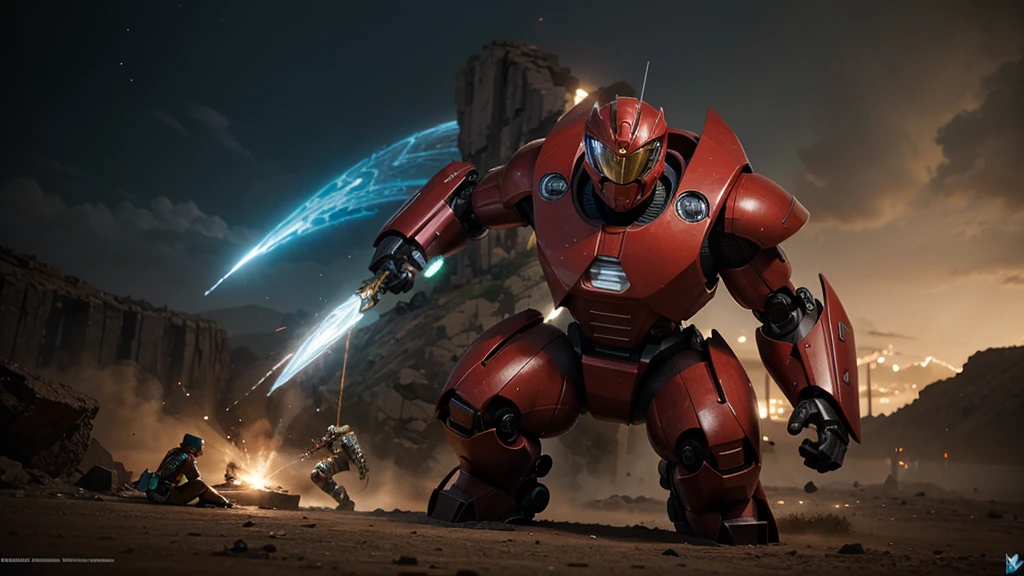 A gigantic creature figthing with Power Ranger Robot, detailed texture