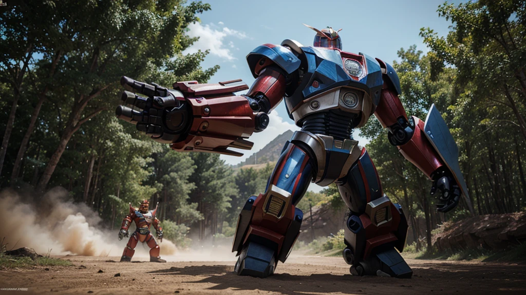 A gigantic creature figthing with Power Ranger Robot, detailed texture
