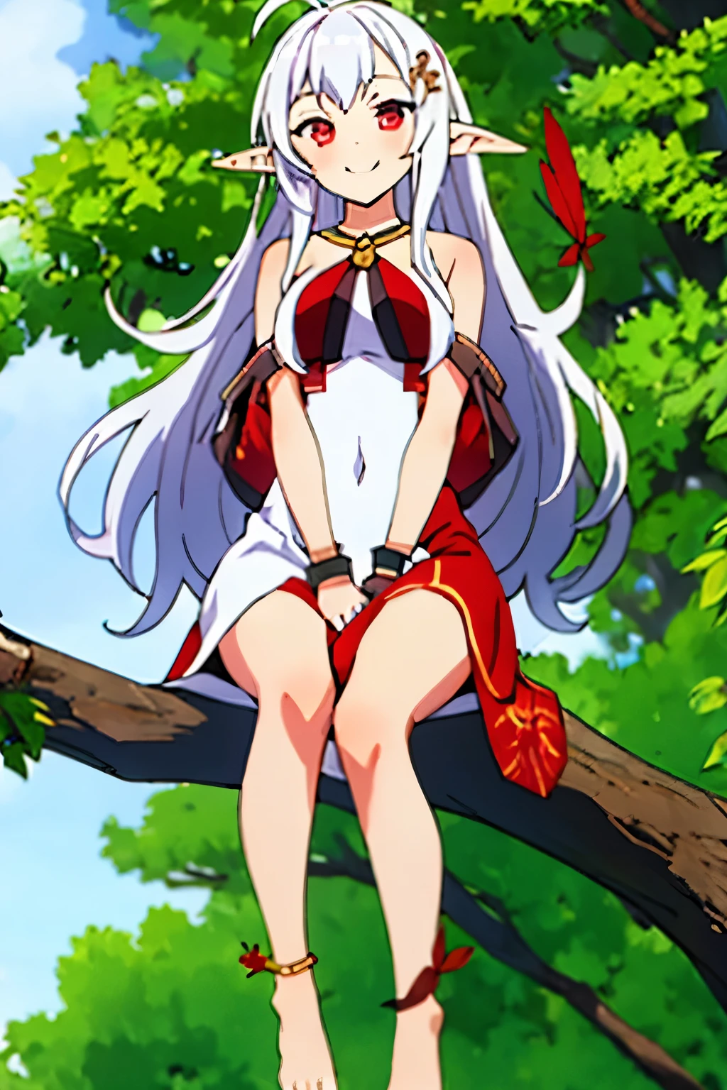 full body,solo,((white and red)),growth,leaf,tree branch,branch,fractal,barefeet,white hair,dynamic pose,white background,sitting on branch,legs together,age17,navel,pointy ears,elf,big ahoge,red eyes,long dress,smile,
