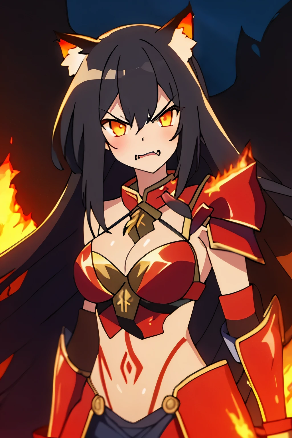 [(colorful aurora theme:1.3):(colorful flame theme):0.26],[(Lots of broken colored glass floating around:1.5)::0.7], (detailed light),(an extremely delicate and beautiful),volume light,best shadow,flash,Depth of field,(dynamic posing),[nsfw:0.8],Oily skin, (Cat ear:1.3),(cowboy shot and flame:1.2),(Ifrit:1.3),(burning hands),(burning hair:1.2),(glowing_tattoo all_over_body:1.3),(solo),(Flame thorn winding),(burning red breastplate:1.4),[Red bikini|breastplate],(Cleavage, medium breasts:1.2),(Evil, anger:1.3), (long black hair, straight hair),[(colorful aurora_cloak)::0.2]
