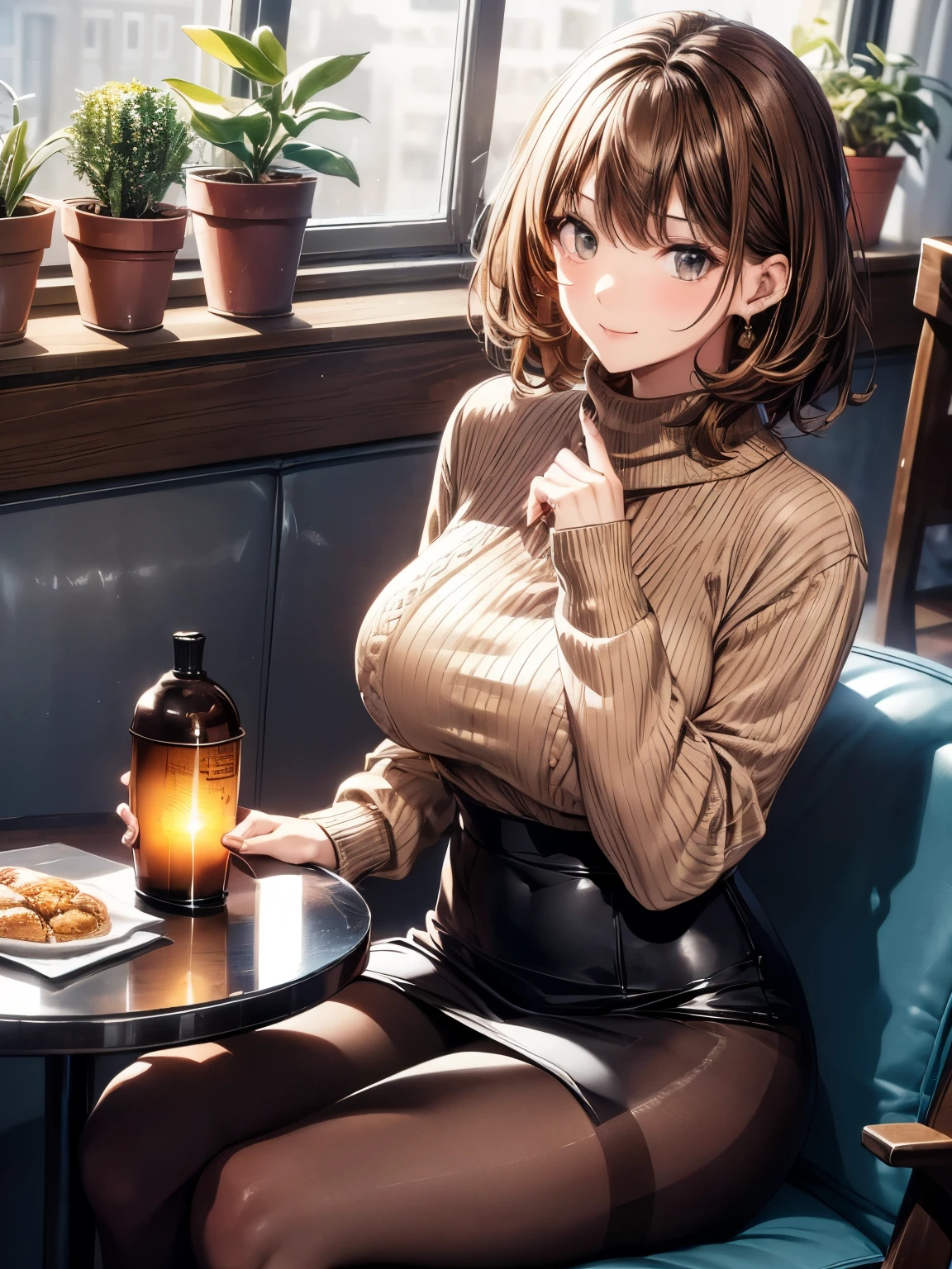 highest quality、All limbs、full finger、brown haired woman、short hair woman、(big breasted woman:1.5)、((Slender beauty))、1 female、(((A woman wearing a light brown sweater:1.3))), ((A woman wearing a black flared skirt))、(((woman wearing brown pantyhose)))、big smile、sexy pose、stylish cafe、table