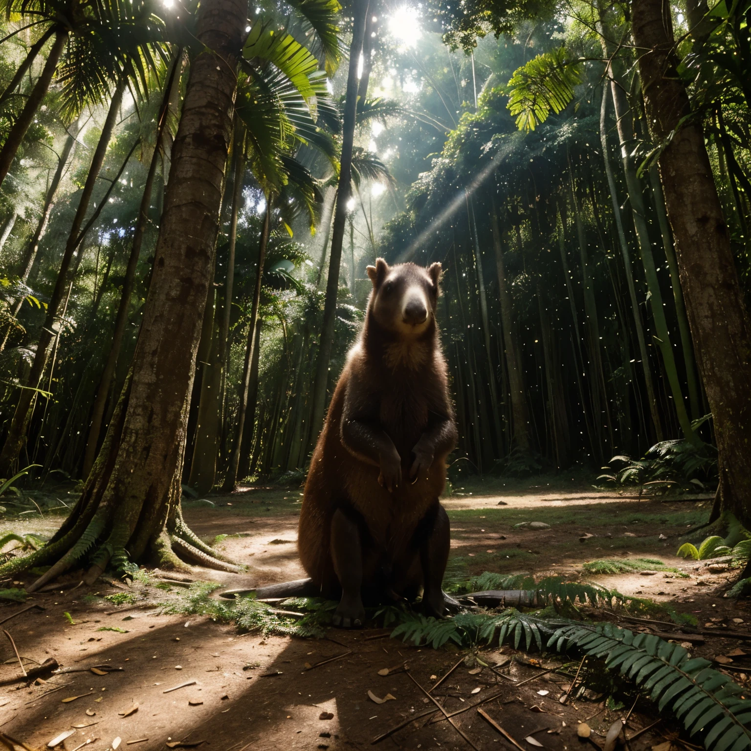 "Imagine an anteater in its natural habitat, explorando uma floresta tropical exuberante. He is standing on his hind legs, com seu focinho alongado curvado para baixo, while using its sharp claws to dig into a nearby termite mound. Light filtered through the treetops creates shadow patterns on the forest floor, enquanto borboletas coloridas voam ao redor. The anteater is surrounded by dense vegetation, with tall trees in the background and ferns and bushes around it. Its thick, coarse fur shines softly in the sunlight, destacando sua forma elegante e adaptada para a vida na floresta."