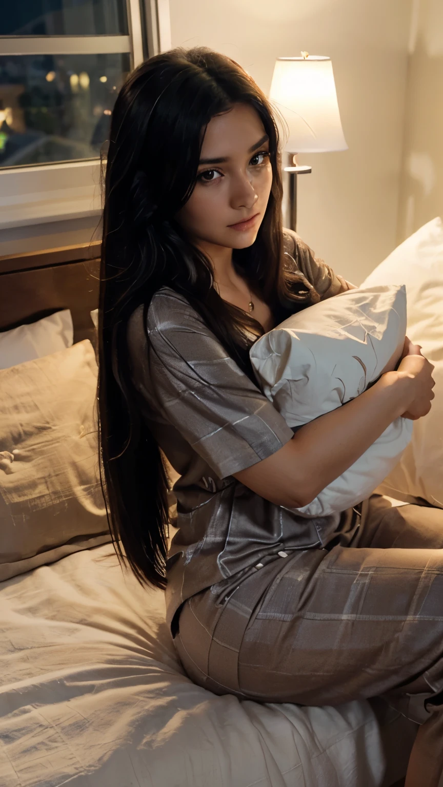 Beautiful girl, European looking, with long straight black hair, detailed hair, detailed face, perfect face, beautiful face, brown eyes, detailed eyes, in pajamas, pajamas blue, about to go to bed, sitting on bed, hugging a pillow, hugging a white pillow, hugging a pillow, hugging a pillow, hugging a large pillow, candle burning on bedside table, tini, (rim lighting,:1.4), it's night outside the window, the room is dark, the room is lit only by the burning candle, professional photography, the girl's tired face that wants to sleep