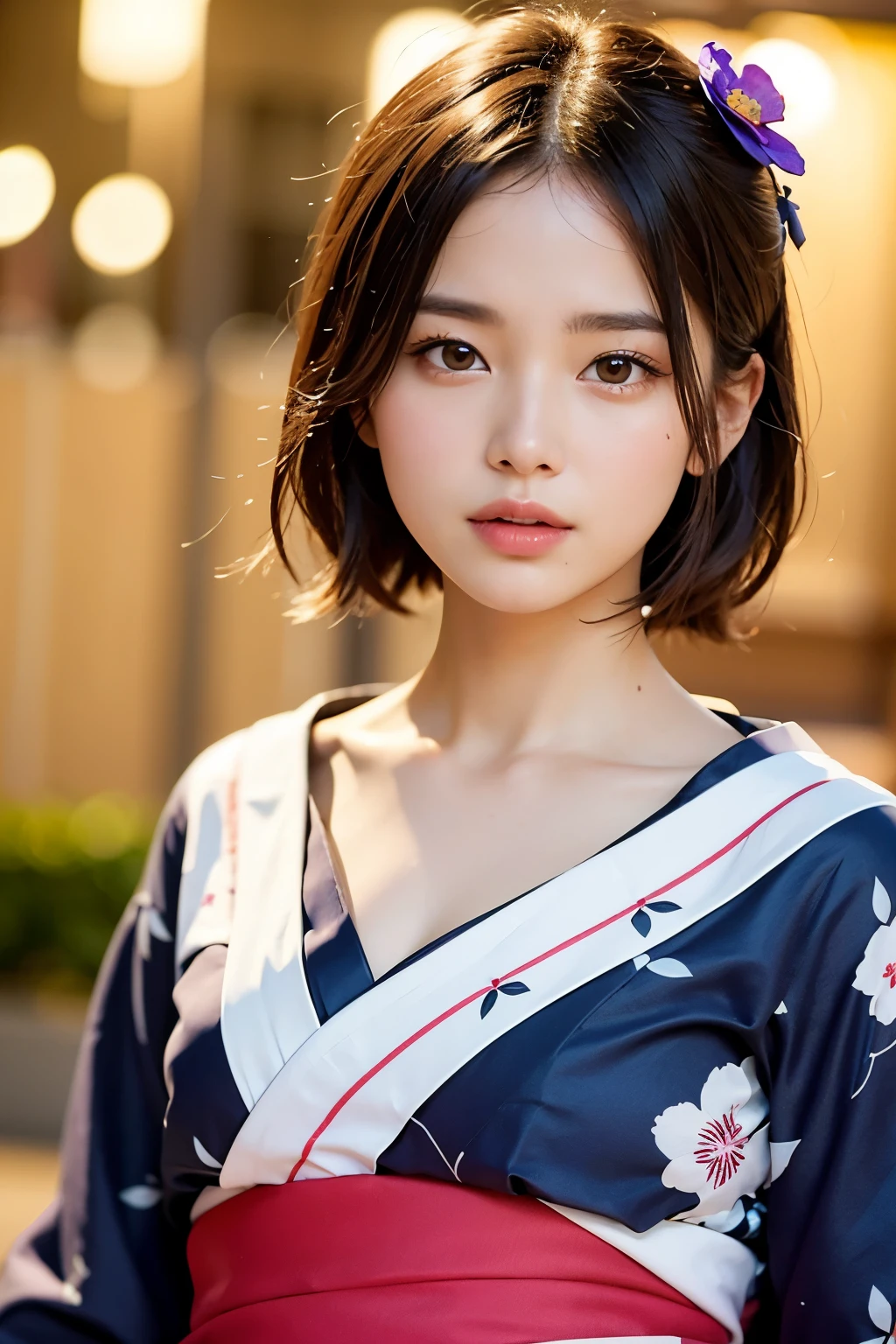 (masterpiece、highest quality:1.4)、beautiful face、8k、85mm、disorganized、(floral pattern yukata:1.4)、face close up、Violet flowers、gardenia、delicate girl、solo、night、see the beholder、Upper body、film grain、chromatic aberration、sharp focus、face light、professional lighting、Sophisticated、(smile:0.4)、(simple background、background bokeh:1.2)、details face