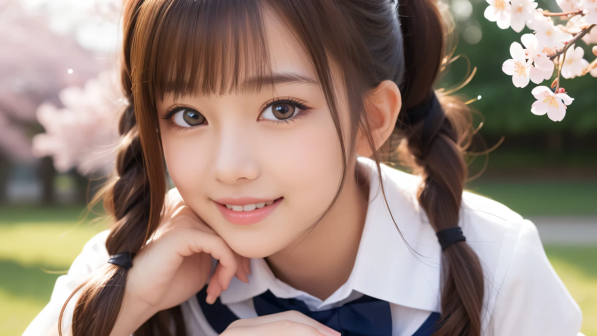 (1 girl), big round eyes, princess face, enchanting smile, One side twin tail, (school uniform, mini skirt:1.2), (highest quality: 1.4), (Super detailed), (highest quality:1.4), (super detailed), evening, very high resolution, (Upper body), close up face, cherry blossoms,