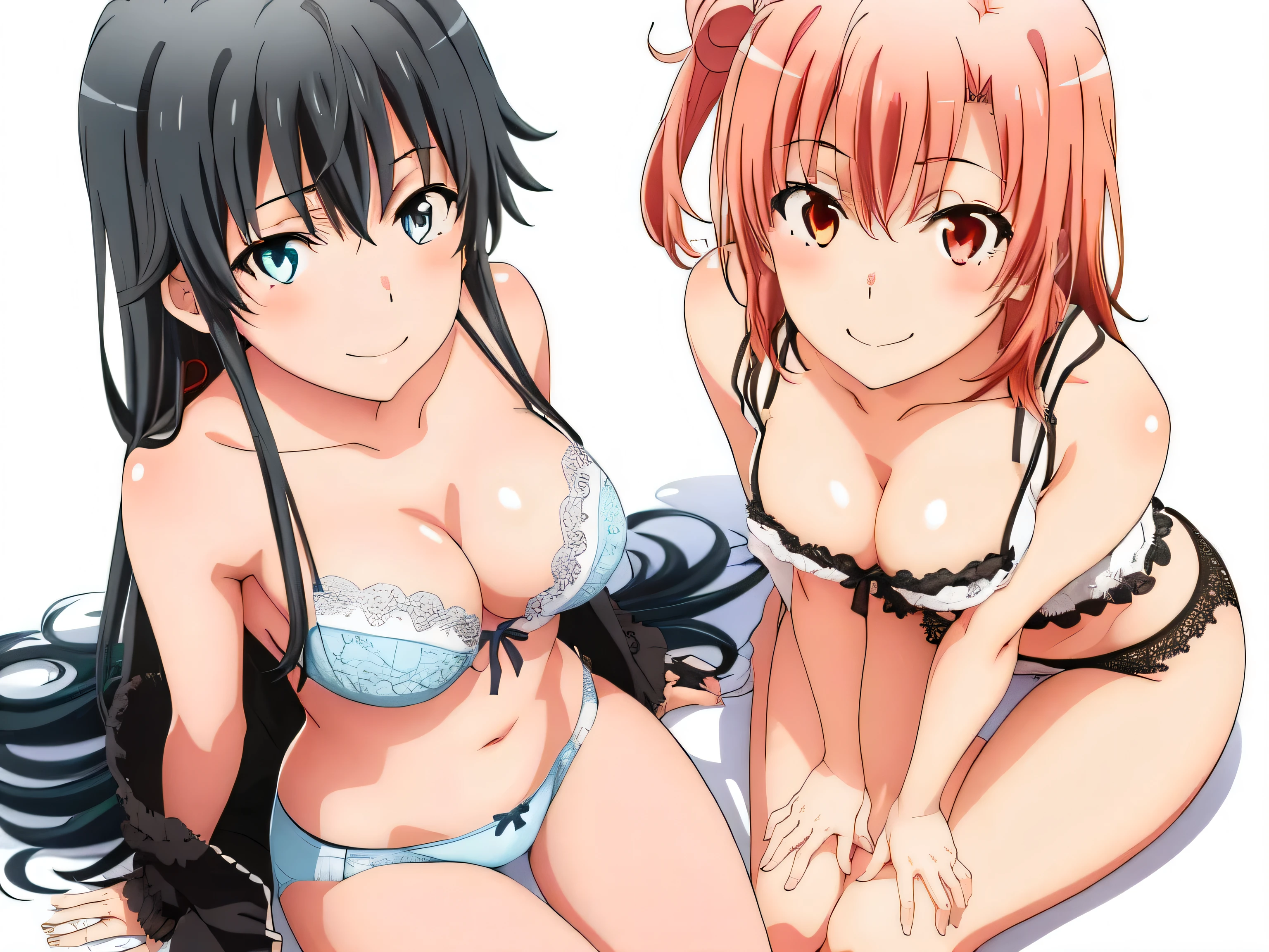((2 girls:1.0)), (Yuigahama Yui shapely breasts),(Yukinoshita Yukino),In underwear,pin up,sit,red ribbon on pants,light blue silk lace panties,white silk panties,belly button,thighs,knees,calf,front,looking at camera,(high angle),open your mouth,smile,Panoramic view of the head,beautiful eyes