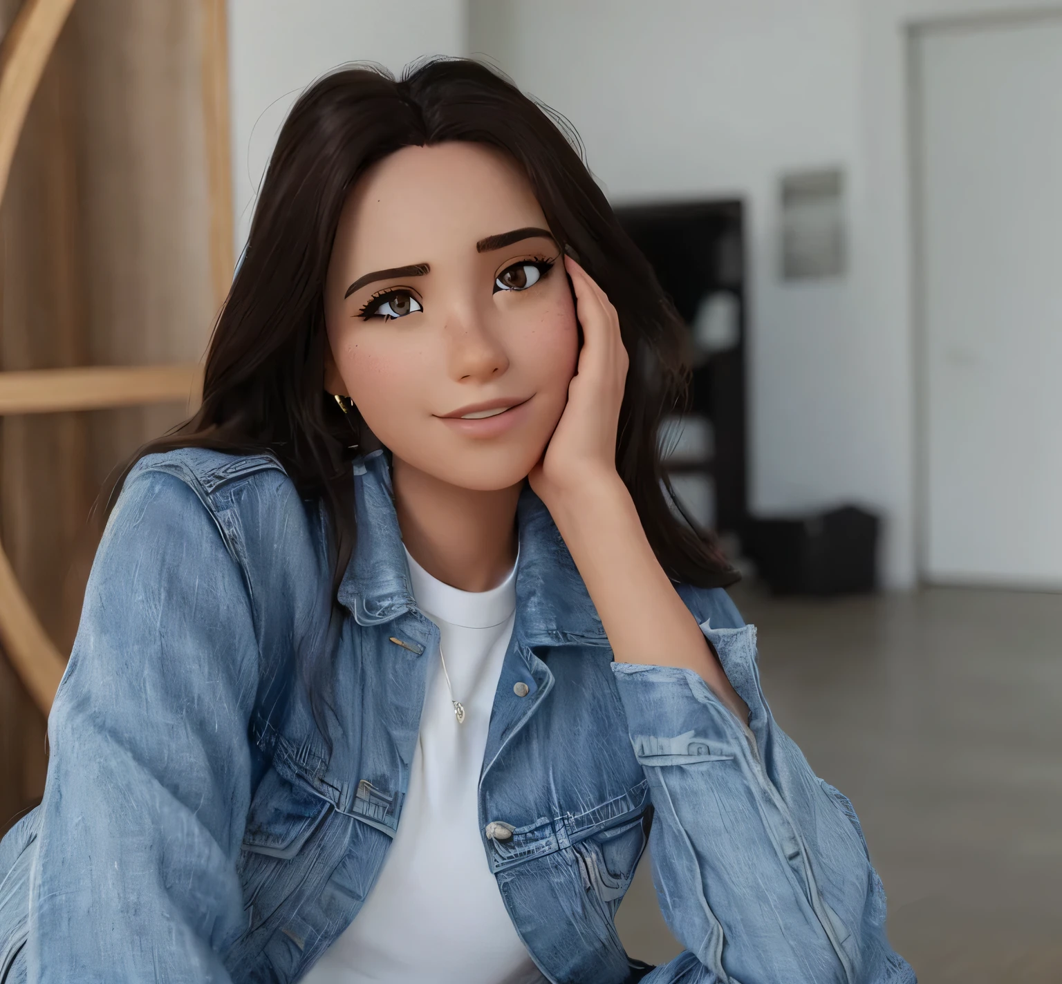 1girl is not portrait style, de frente pele clara, sombras realistas, pele detalhada, Olhos brilhantes, Cabelo castanho escuro ondulado, Muito detalhado, rosto 8k altamente detalhado, formato de rosto perfeito, perfect full lips, nariz perfeito, beautiful medium brown eyes, atento, de camisa branca e jaqueta jeans clara, obra de arte , melhor qualidade, 3d