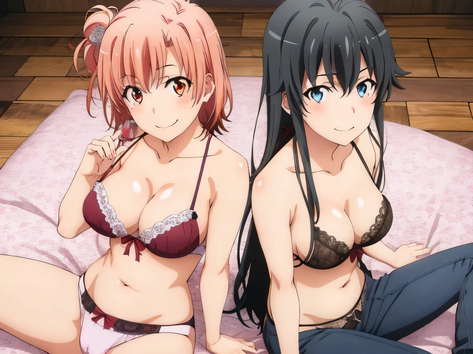 ((2 girls:1.0)), (Yuigahama Yui shapely breasts),(Yukinoshita Yukino),In underwear,pin up,sit,red ribbon on pants,light pink silk lace panties,pink silk panties,belly button,thighs,knees,calf,spread legs,front,looking at camera,(high angle),open your mouth,smile,Panoramic view of the head,beautiful eyes