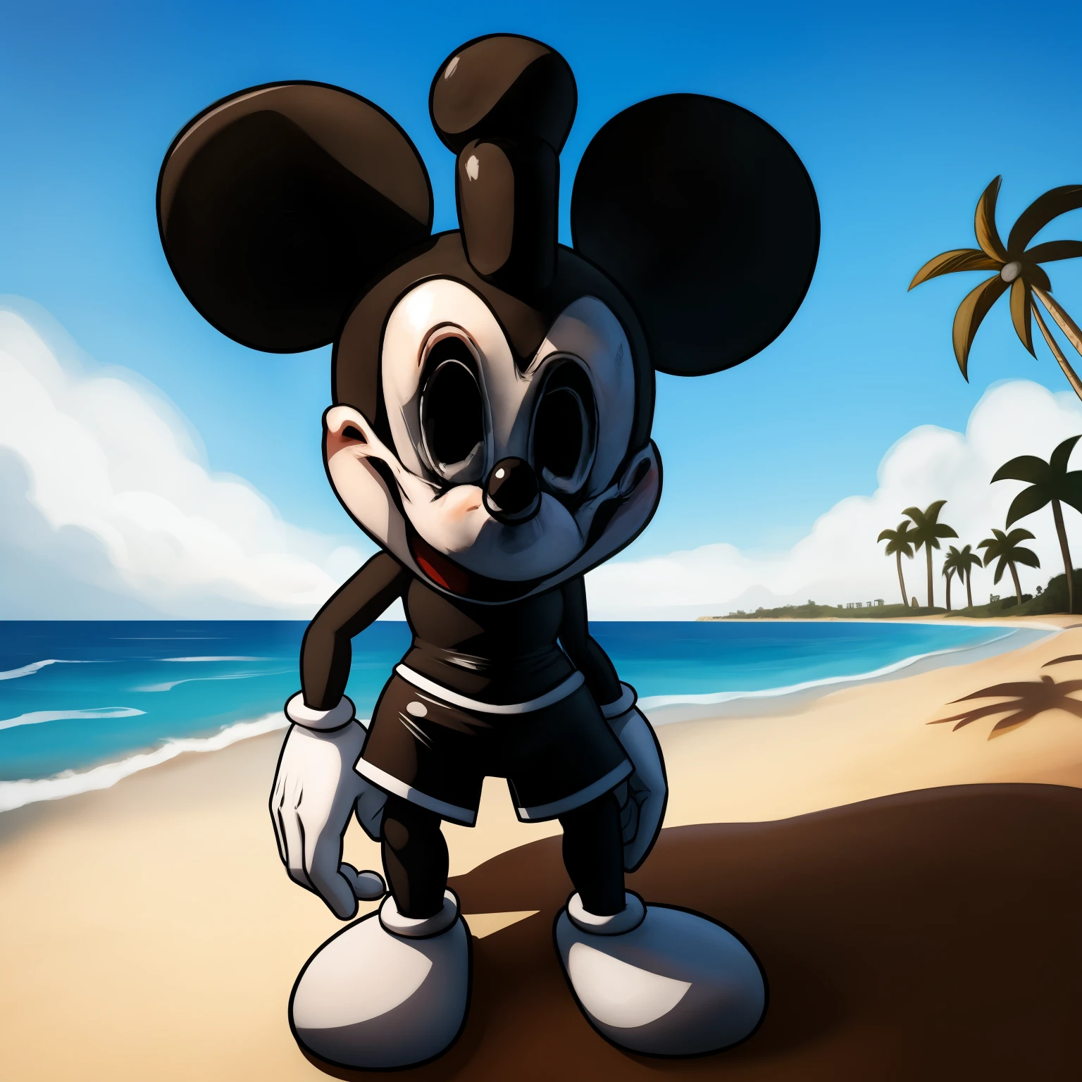 Mickey Mouse, big grey shorts with grey buttons, sailor captain hat, open smile, staring at the viewer, full body, enjoying the place, dynamic fronal angle, beach background, detailed art, palm trees, intricate details