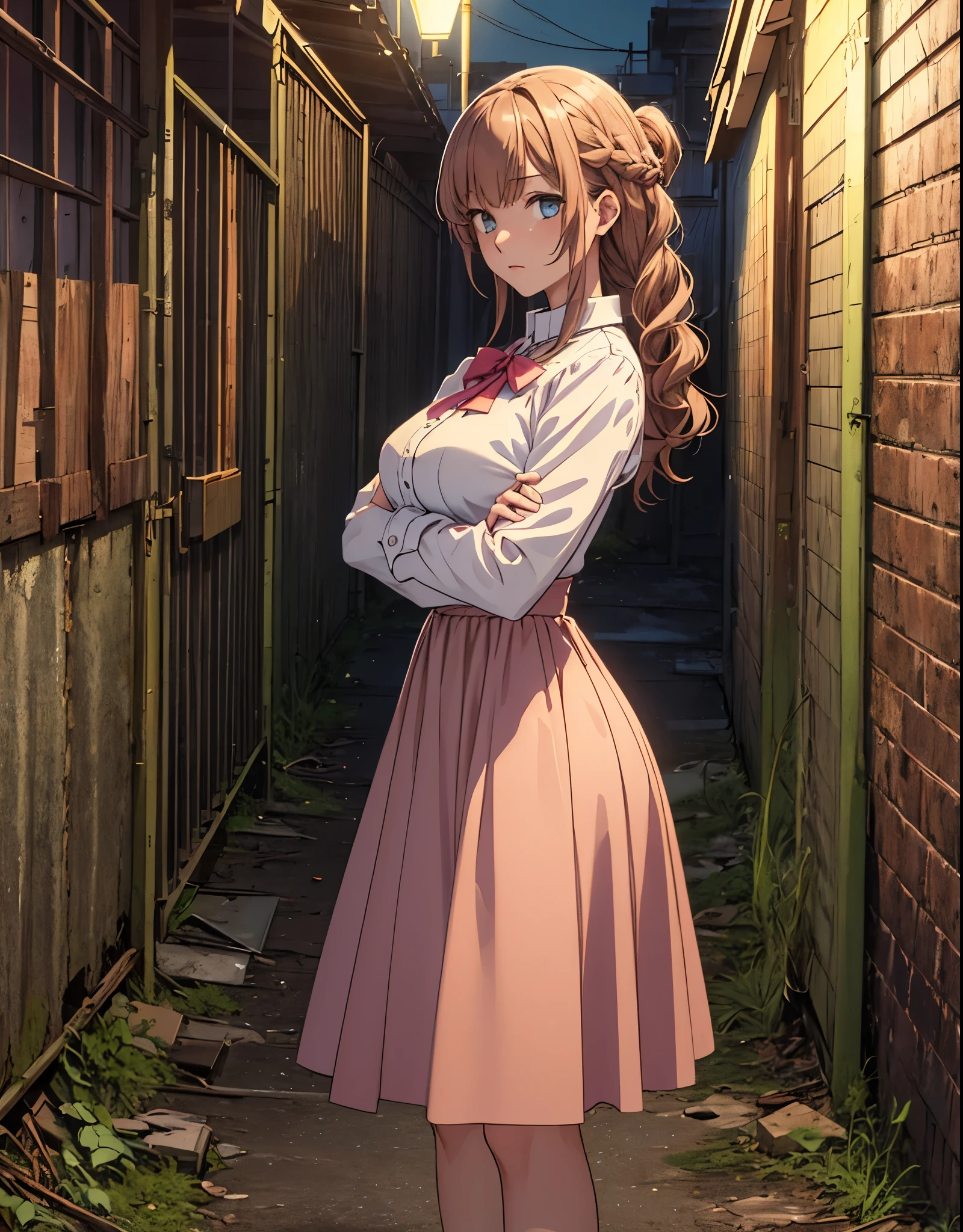 ((masterpiece,best quality)), highres, extremely detailed 8K wallpaper, depth_of_field, cowboy shot, solo, 1girl, saeki sayaka yagatekimininaru, long hair, (honey color hair), braid, blue eyes, bow, big breasts, wide hips, (((pink dress))), long sleeves, crossed arms, miniskirt, tights, abandoned warehouse, night, walking
