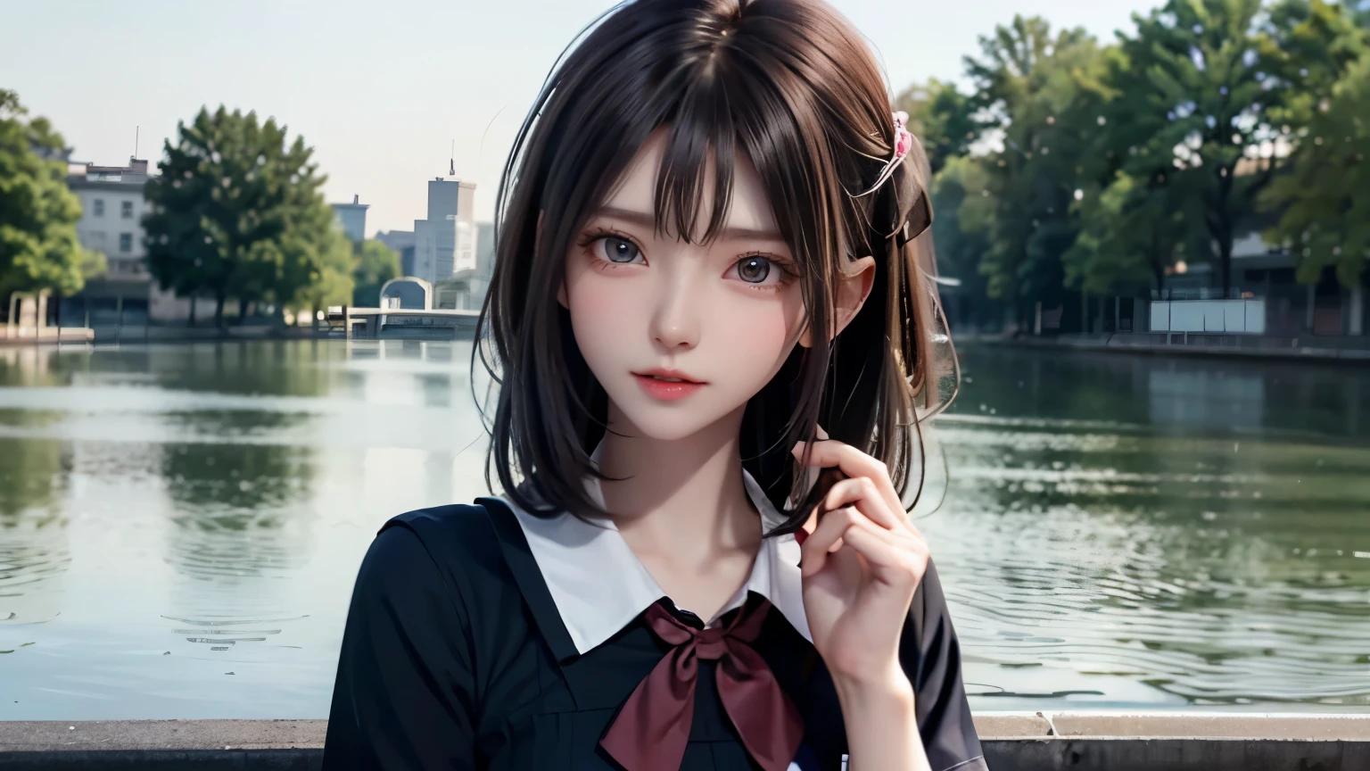 (very delicate and beautiful: 1.2), 1 girl, robber girl, bangs, cute eyes, bow, brown hair, closed mouth, Landscape, hair between eyes, hair bow, short sleeve, looking at the viewer, medium hair, alone, Upper body, school uniform: 1.3, ((alone)), (masterpiece), blonde