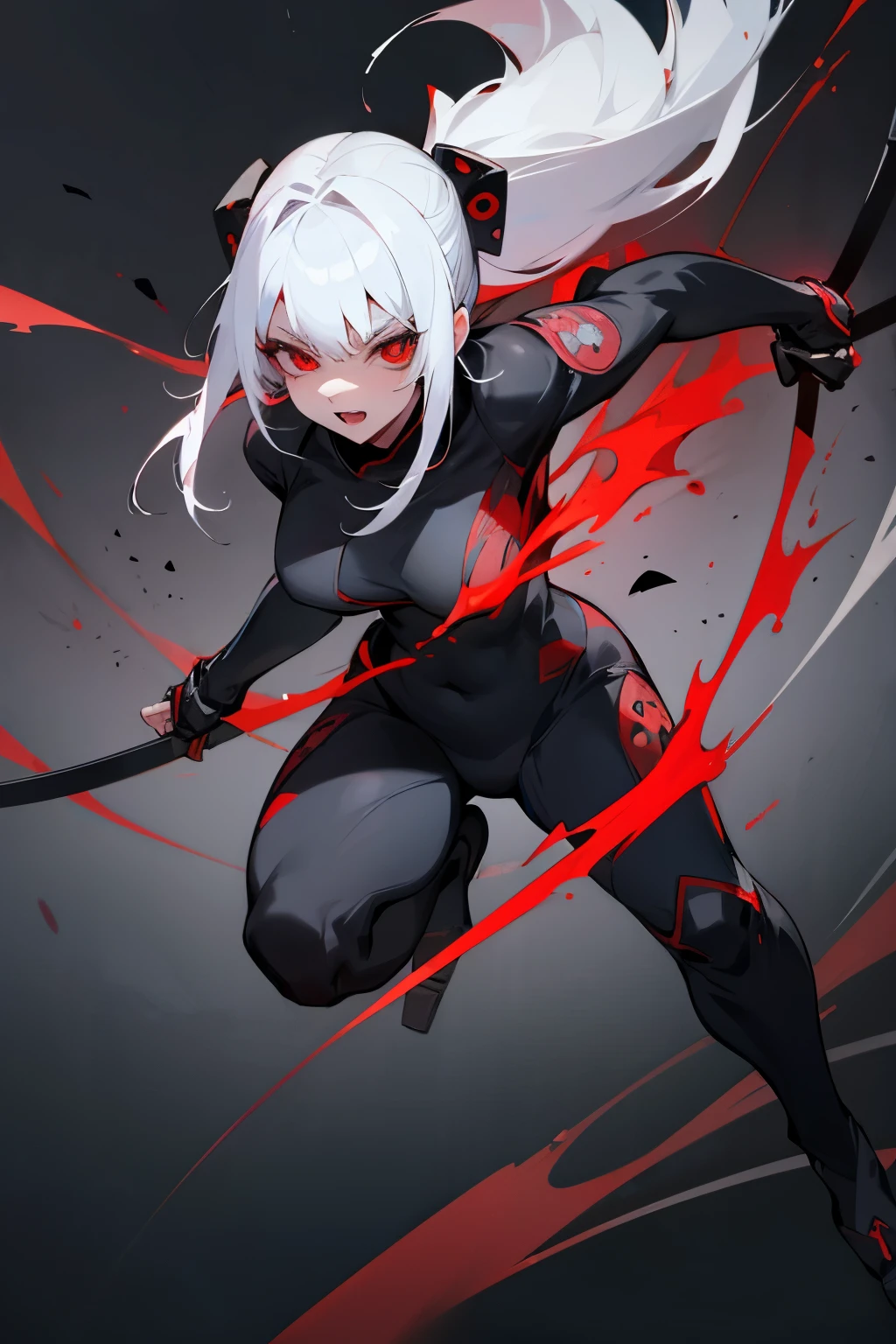 1girl, white hair, red eyes, (detailed face), ((black ninja suit)), serius expression, beautiful, vampire fangs, full body