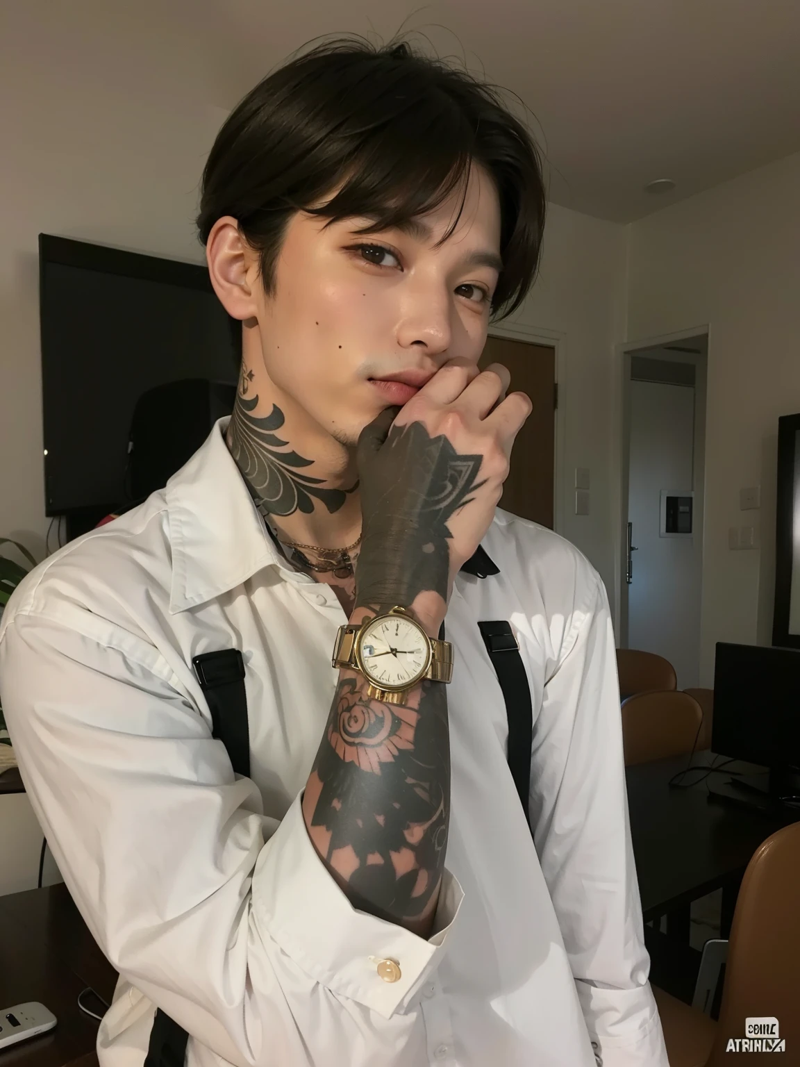 Un hombre, apariencia asiatico, tal como se nuestra en la foto, tatuajes en su brazo.