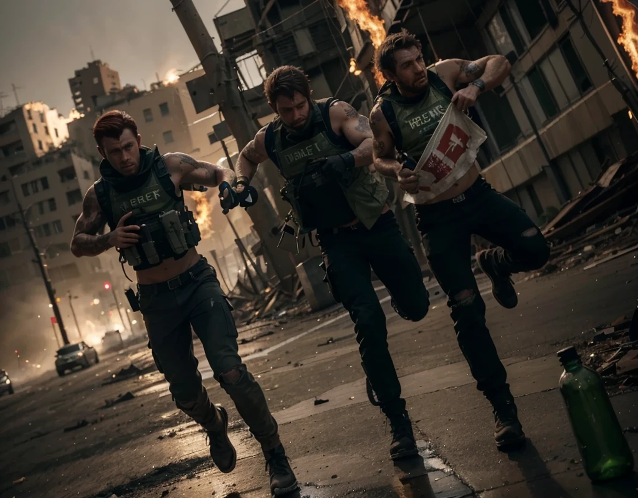 three men with bomb vests running, European faces, very short red hair, they wear torn and dirty clothes, they wear bomb vests, the vests carry bottles with bright green liquid, one of the men holds a red flag with the drawing of the tail of a scorpion, they are in a totally destroyed post apocalyptic city, full of smoke and fire, image in reddish tones, 4k, ultra detailed image, realistic, very detailed, perfect composition, splendid, intricately detailed, incredibly detailed, art photography 8k , hyper detailed, Masterpiece, ultra detailed, hyper realistic, 4k, ultra detailed image, realistic, highly detailed, perfect composition, splendid, intricately detailed, incredibly detailed, Artistic photography in 8k, hyper detailed