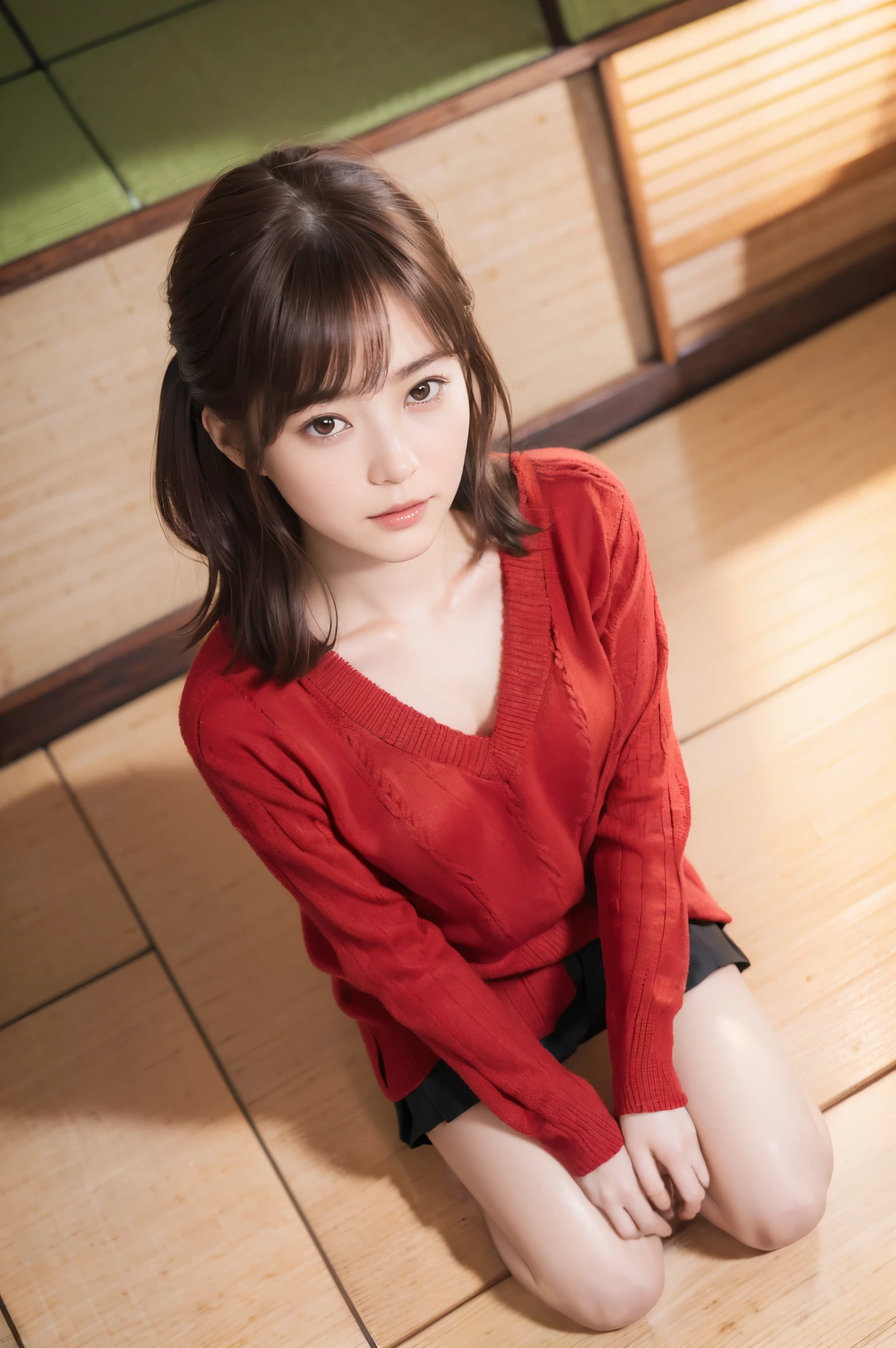 good hand,4k, high-res, masterpiece, best quality, head:1.3, (Japanese idol), finely detailed skin, sharp focus, (cinematic lighting), collarbone, morning, soft lighting, medium hair, dynamic angle, [:(detailed face:1.2):0.3], armpit crease, thigh gap, red clothes, slender, outdoors