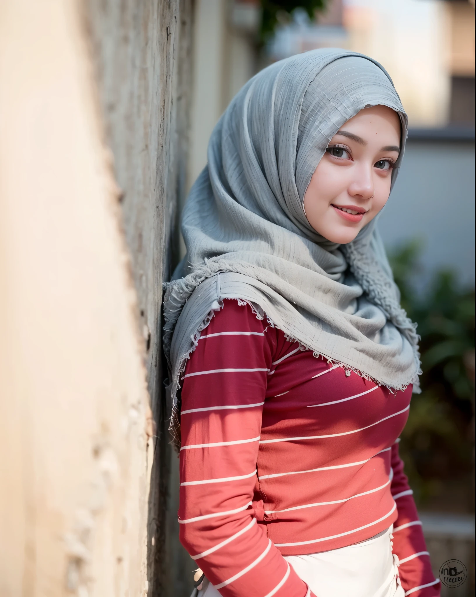 (8k, RAW photos,bestquality, Highres:1.1), (Hyperrealistic:1.4),(lifelike, photorealistic:1.3), 1girl, muslim girl, hijab, denim jacket, long neck white shirt, jeans, blush, perfect illumination, unreal engine, sidelighting, detailed face, bright skin, simple background, park bench, soft light, realstic face, realistic body, realistic skin