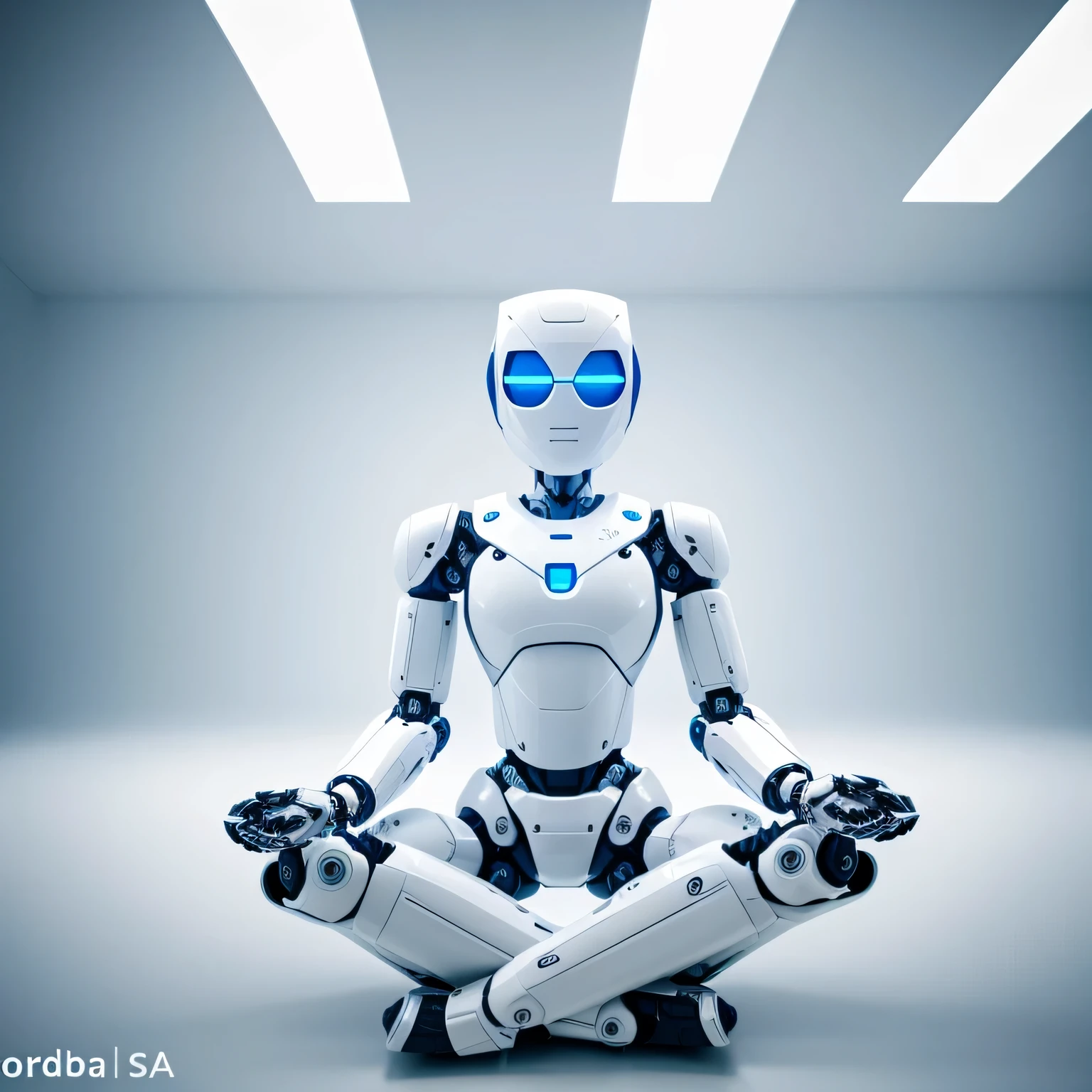 cross-legged robot meditating with eyes closed in white room, realista, photographic, detalhado, 8k
