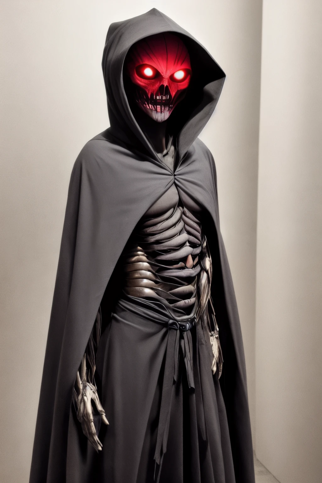 
Generate an image depicting a mysterious humanoid figure draped in a tattered black cloak that billows around its form. Its long, slender arms extend beyond the cloak, each ending in four sharp, metallic needles instead of fingers. The creature's face is obscured by shadows, but its piercing red eyes glow ominously from within the darkness. The faint outline of twisted horns protrudes from beneath the hood, adding to its eerie appearance.A death demon with spiky tentacles in a hooded conceptual piece wearing a black robe