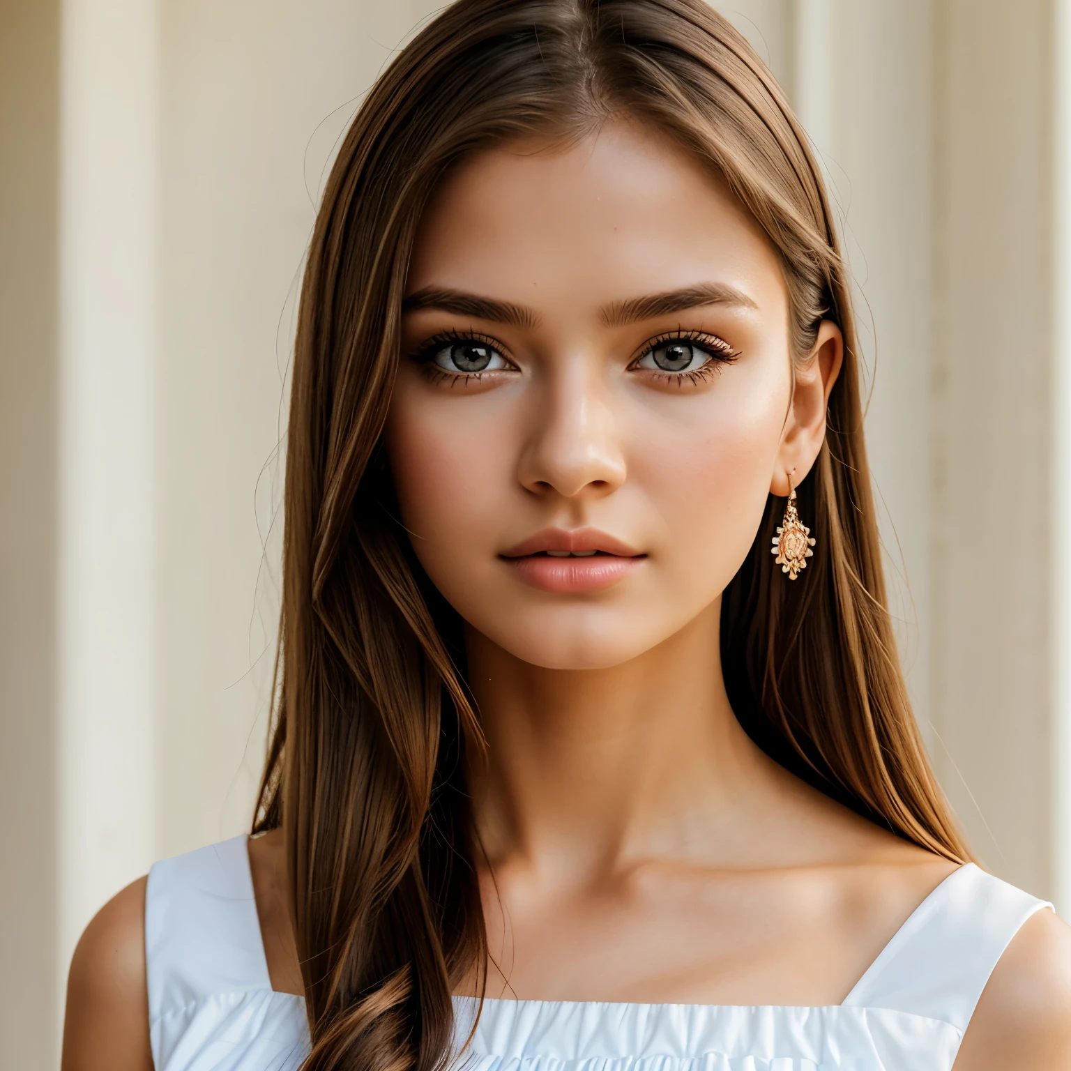 A beautiful modern girl wearing long white western dress, Portrait, hyper detailed photography, hyper realistic, detailed face