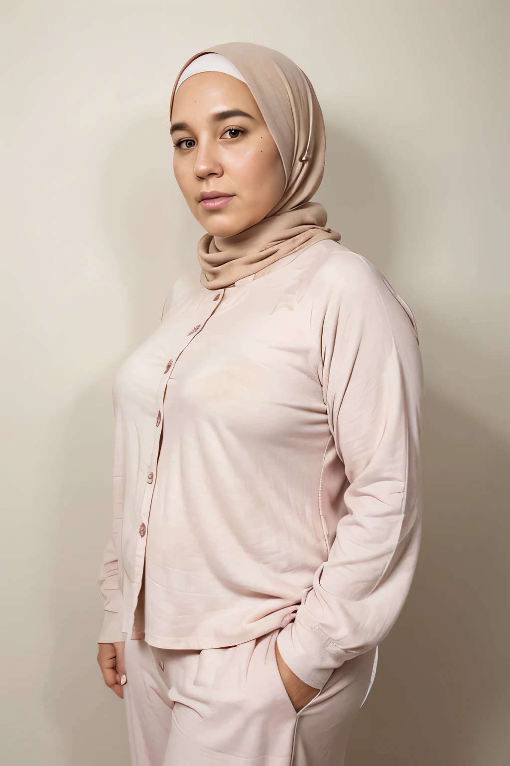 Draw a fat White American woman, age 38, soft features, cute button nose, rough complexion with a few pores, a few mild wrinkles, wearing hijab and a loose fitting long sleeved pale pink shirt, long wide leg pants