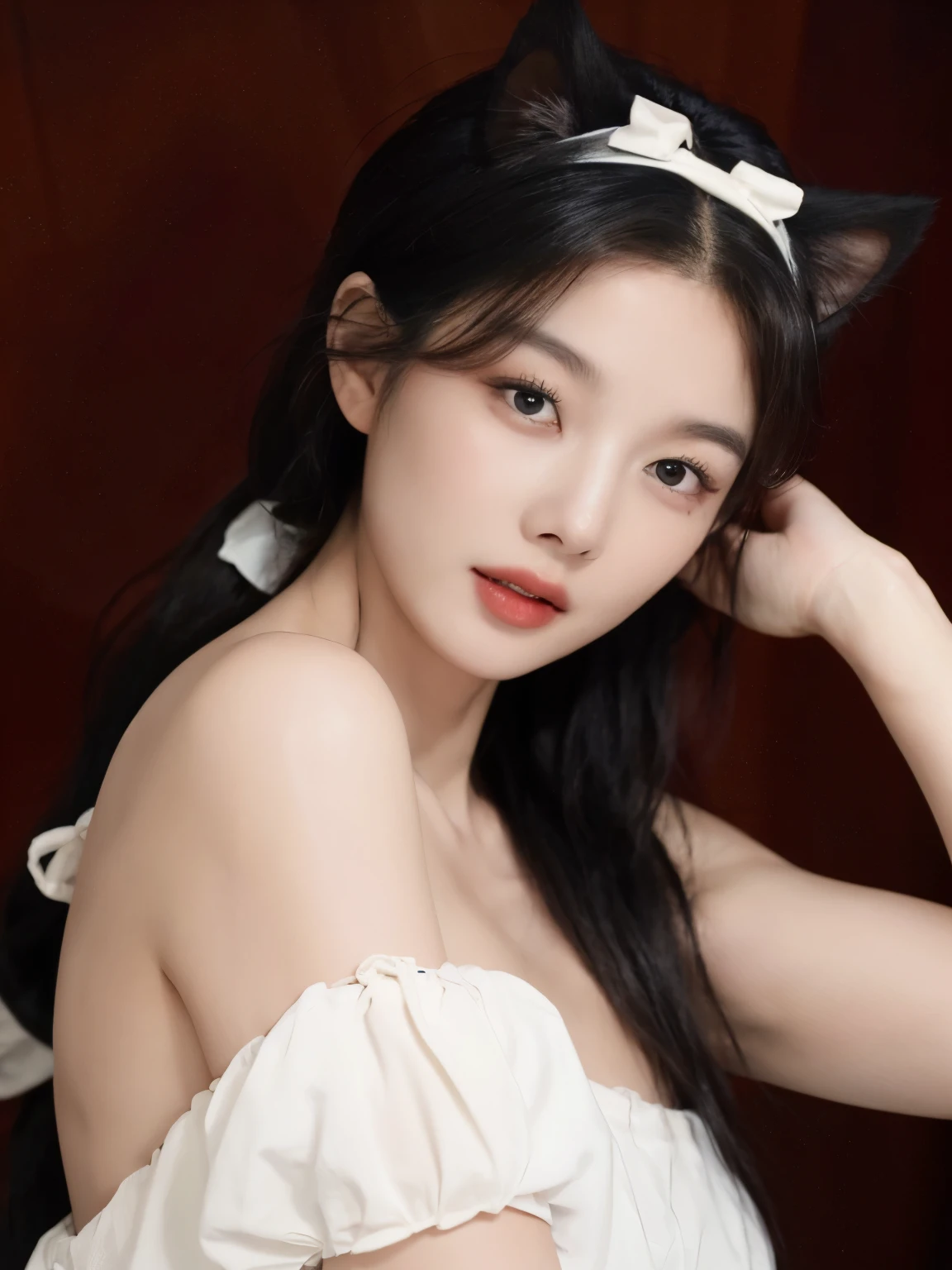 The most beautiful Korean woman the world has ever seen., Wear a strapless shirt., angry face, Cat ear headband, Ghost theme, Halloween, be a vampire