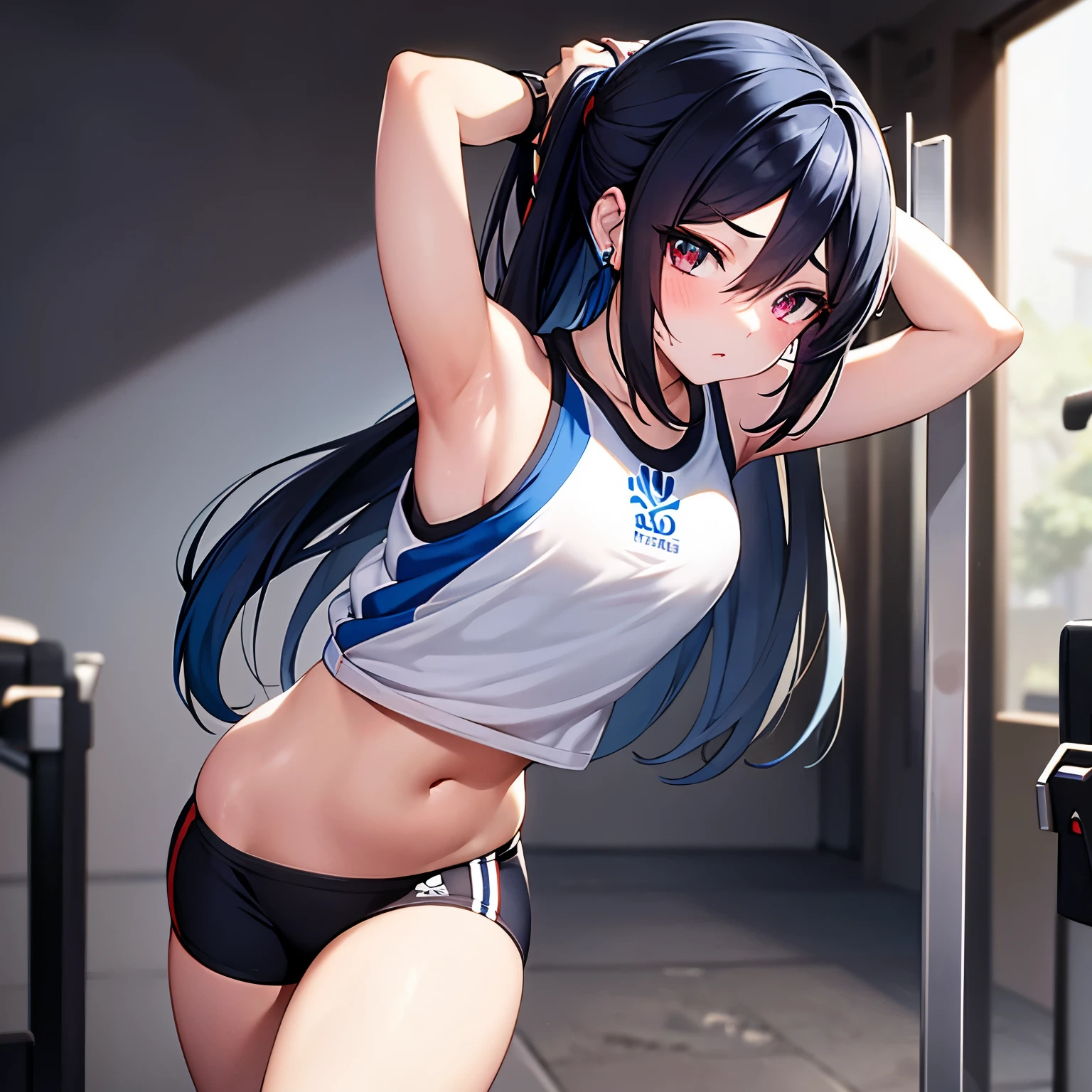 Sports girl with no panties and no bra. Wearing skirt blown up revealing her vagina. Flat chest. Sweating. Nipples making a dent in her clothe
