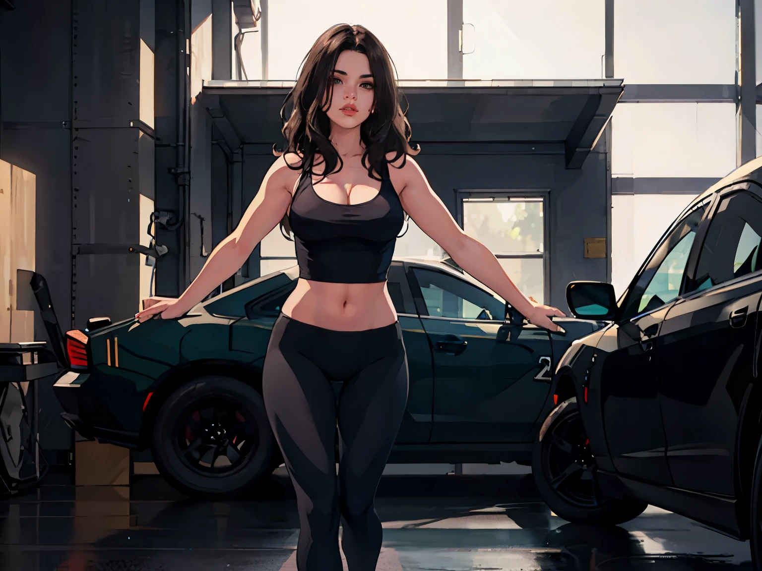 (best quality,4k,8k,highres,masterpiece:1.2),ultra-detailed,(realistic,photorealistic,photo-realistic:1.37), HDR,UHD,studio lighting,ultra-fine painting,sharp focus,physically-based rendering,extreme detail description,professional,vivid colors,bokeh, 1girl, beautiful detailed eyes, beautiful detailed lips, extremely detailed eyes and face, long eyelashes, Solo, Zero, 21years old, Coveralls, a repairma, navel, cleavage, (medium breasts), The Car, Garage, Garage, laurenalexis, fullbody shot, black tanktop,thigh gap, black dodge charger, standing in front of dodge charger, blacked out dodge charger, tight yoga pants, large eyes, wavy drown hair, large thighs, lips seperated, dynamic pose, sexy pose,