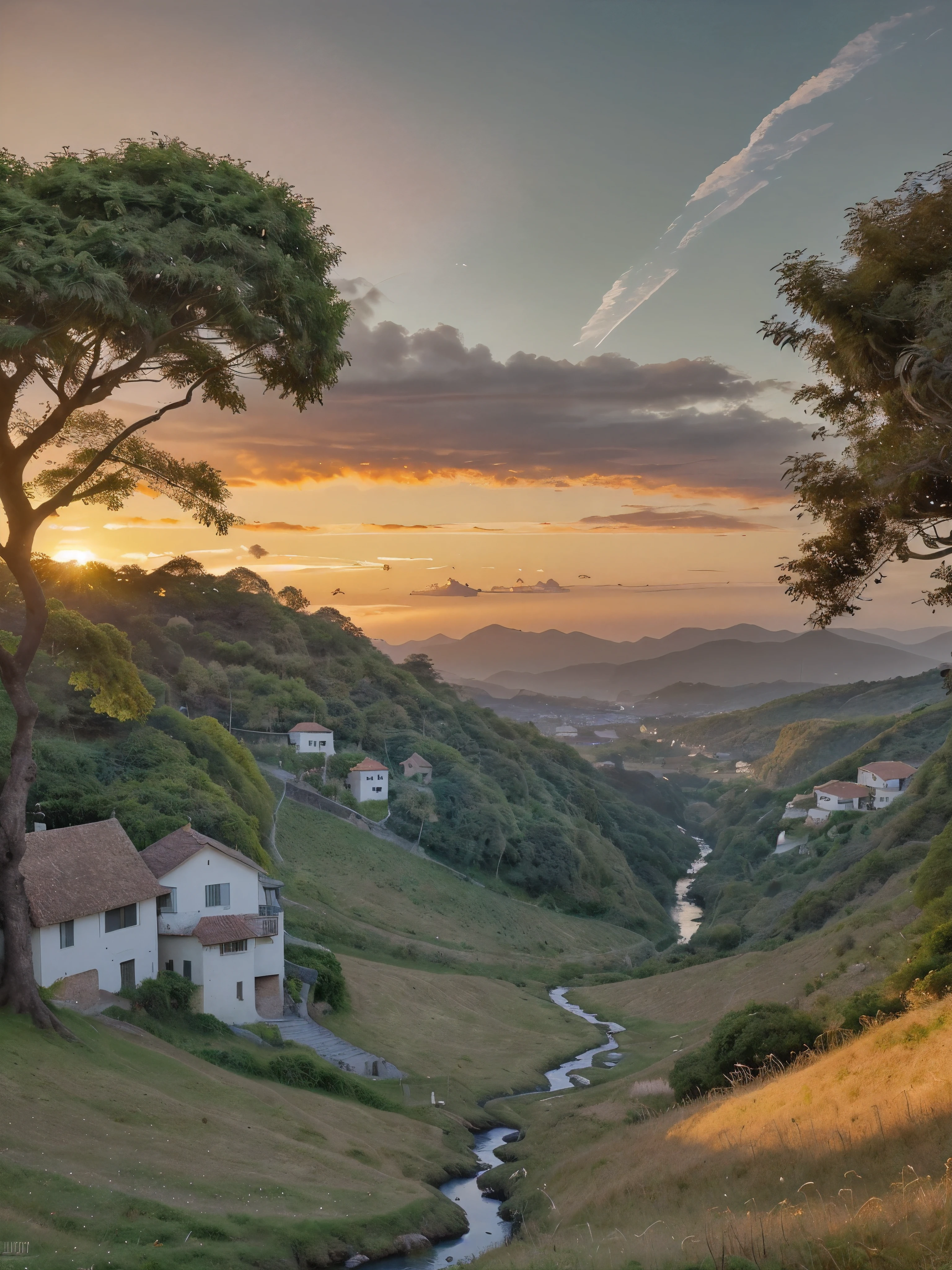 You are on top of a hill covered in a lush green carpet of grass. In front of you stretches a vast valley, embraced by a majestic mountain range that stretches as far as the eye can see. The sun is slowly setting on the horizon, dyeing the sky with golden and orange tones that blend smoothly with the deep blue. A luz do sol reflete nas nuvens dispersas, creating a spectacle of vibrant and contrasting colors.No vale abaixo, a river meanders between the leafy trees, its surface shines softly in the twilight light. Uma ponte de pedra antiga atravessa o rio, connecting two banks covered in lush vegetation and dotted with small rustic houses. Ao longe, you see a small village nestled between the hills, suas casas com telhados vermelhos destacando-se na paisagem verdejante.O vento sopra suavemente, carrying with it the smell of the countryside and the soft sound of leaves dancing on the trees. Birds sing happy melodies as they fly across the sky, and you can hear the distant murmur of wild animals preparing for the coming night.as the sun slowly sets over the horizon, The sky turns into a tapestry of colors, com tons de laranja, pink and purple painting the scene with an ethereal beauty. It is a moment of peace and serenity, a glimpse of nature in all its glory, esperando para ser capturado em uma obra de arte.