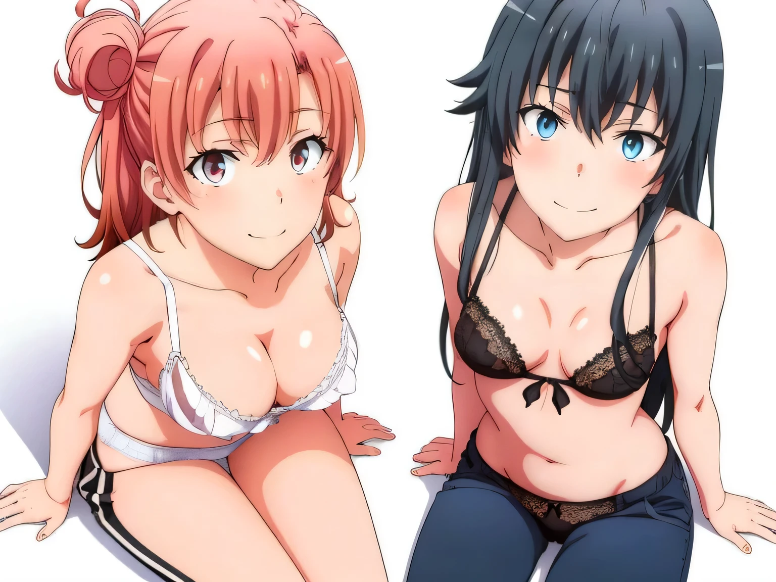 ((2 girls:1.0)), (Yuigahama Yui shapely breasts),(Yukinoshita Yukino),In underwear,pin up,sit,white silk lace panties with red ribbon on the pants,white silk panties,pussy line in pants,belly button,thighs,knees,calf,front,looking at camera,(high angle),open your mouth,smile,Panoramic view of the head,beautiful eyes
