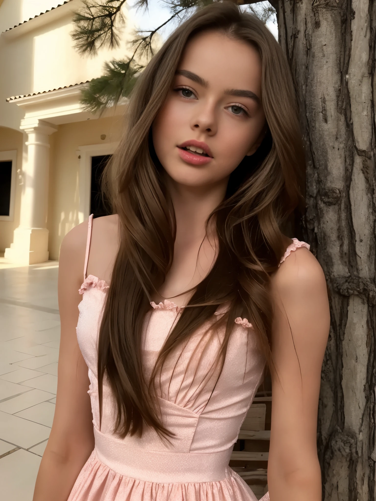 kristina pimenova in a pink dress standing in front of a tree, Beautiful young model with straw blonde hair, Beautiful model,  female model, Beautiful female Samara weaving, Very pretty model, Gorgeous beautiful, Bright pink face, Gorgeous attractive face, Beautifully stunning , by Jorge Velarde, She has long orange-brown hair, she is about 16 years olimenova, KristinaP, teenage girl, sweet girl, sweet woman, Russian friend, instagram model, showing long tounge, wearing dark-red tight slim dress, big breast