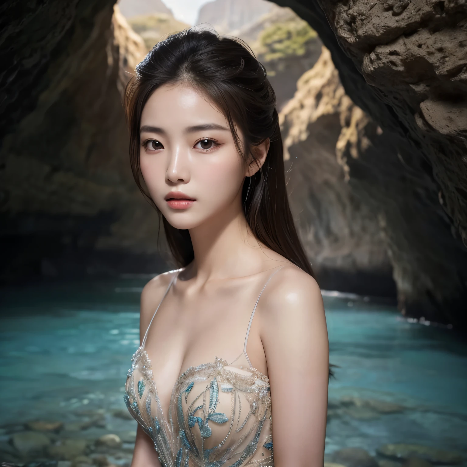 Korean woman, in the front view, with an intriguing outline against a backdrop of a cave setting, showcasing her pretty eyes in high definition, capturing the essence of her beauty in an ultra-detailed, masterpiece-quality, 8K image. Her eyes, full of depth and character, sparkle under the movie light, with every intricate detail beautifully captured in this photorealistic, raw photography. The cave's textured walls blend seamlessly into the background, providing a striking contrast to her radiant, perfectly detailed skin. This image, a magnificent representation of a Korean woman's elegance, is a true work of art, combining the highest quality, super detailed, and finely