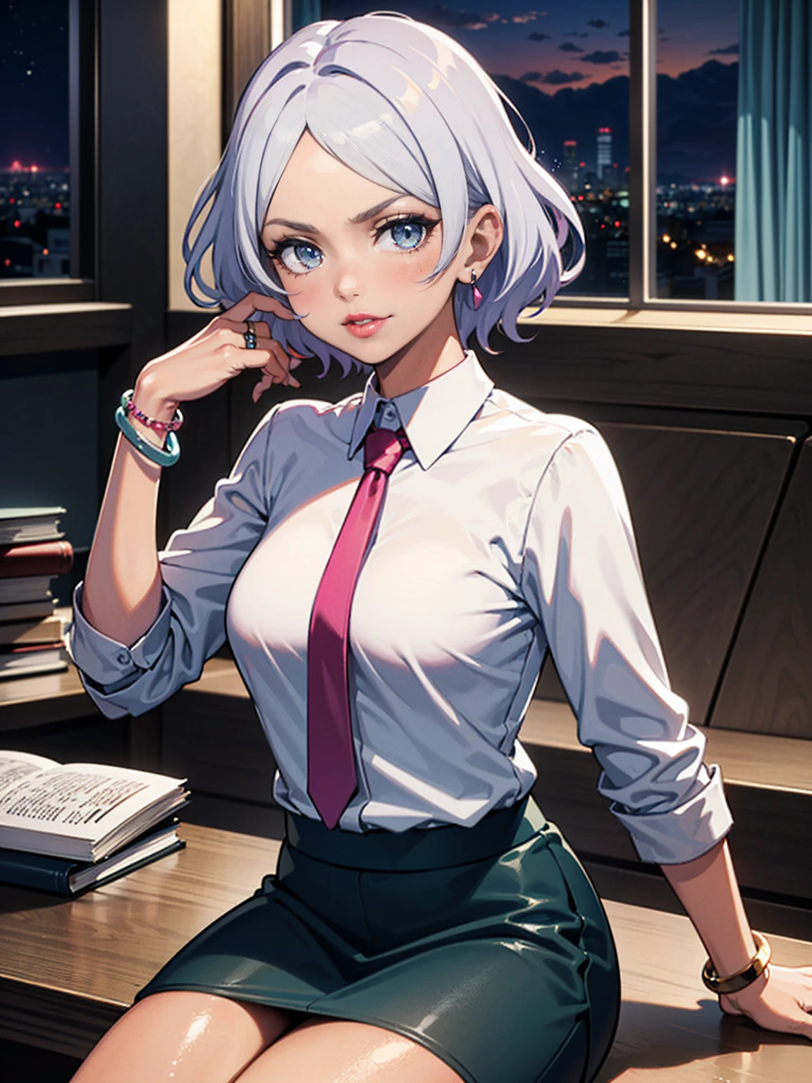 ((1girl, solo ,alone, shor hair, white hair, ((green eyes, small breasts, cute)), dark, tanned skin, fitness)), ((solo, (1woman, pink lipstick), Extremely detailed, ambient soft lighting, 4k, perfect eyes, a perfect face, perfect lighting, a 1girl, jewelry, bracelets, ring)), austere, ((officelady, (businesswoman, sitting on the table, tie) (Black suit, Black tight skirt, woman suit), White shirt, dress shirt, Black tights, Office, lana, Beautiful woman, gazing at viewer, Looking here, hight resolution, top-quality, animations, illustratio, office, penthouse, executive room, large window, landscape of a metropolis, sunset, clouds)), documents, books, table, shelves, pencil holder, computer