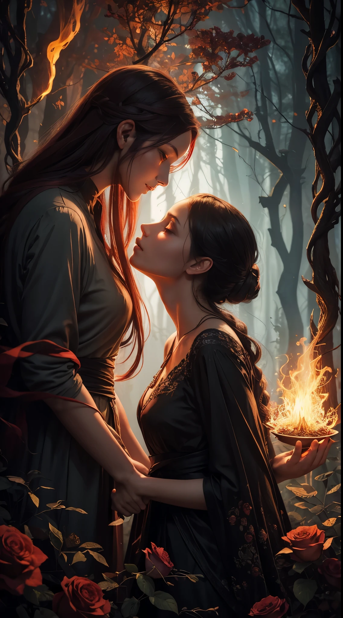 rain of fiery hearts,oil on canvas,mystical fogs,Tomasz Alen Kopera,Anna Dittmann,red and orange hues,ethereal atmosphere,hypnotic beauty,melancholic emotions,surreal dreamscape,detailed brushwork,emerging shadows,fiery sparks,burning passion,romantic vibes,ethereal figures,twisting vines,blooming roses,magical symbols,subtle glow,contrast of light and darkness,dreamlike composition,vibrant colors,enchanted forest,mysterious journey,transcendent experience,symbolic elements,surreal imagination,expressive artistry,distant silhouette,lush foliage,emotional depth,hauntingly beautiful,mesmerizing art style,sublime balance,whimsical details,mysterious storytelling,harmonious blending,fluid movements,compelling narrative