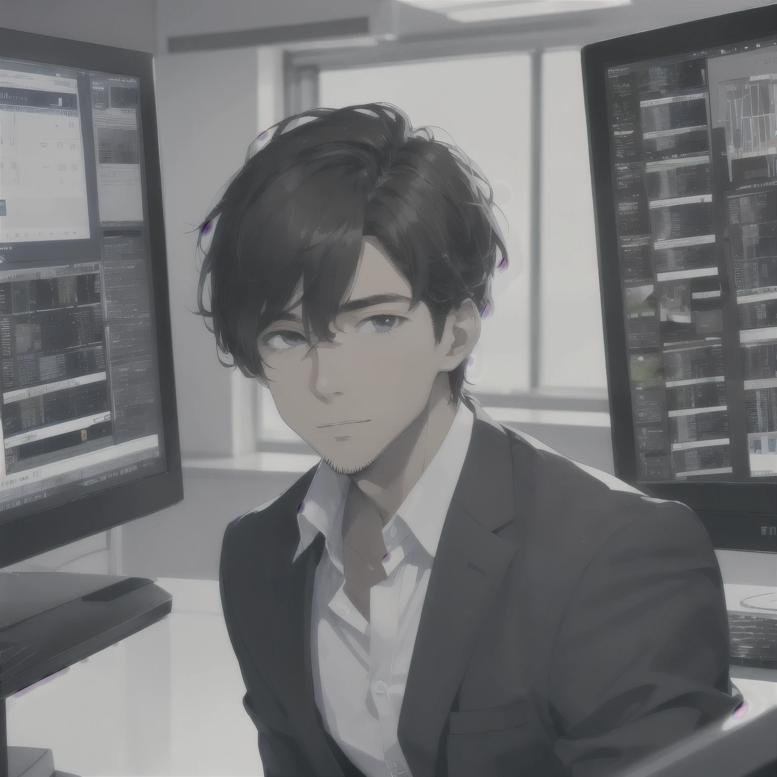 X Handsome office worker 30 generationale trader looking at computer stock investment close up face