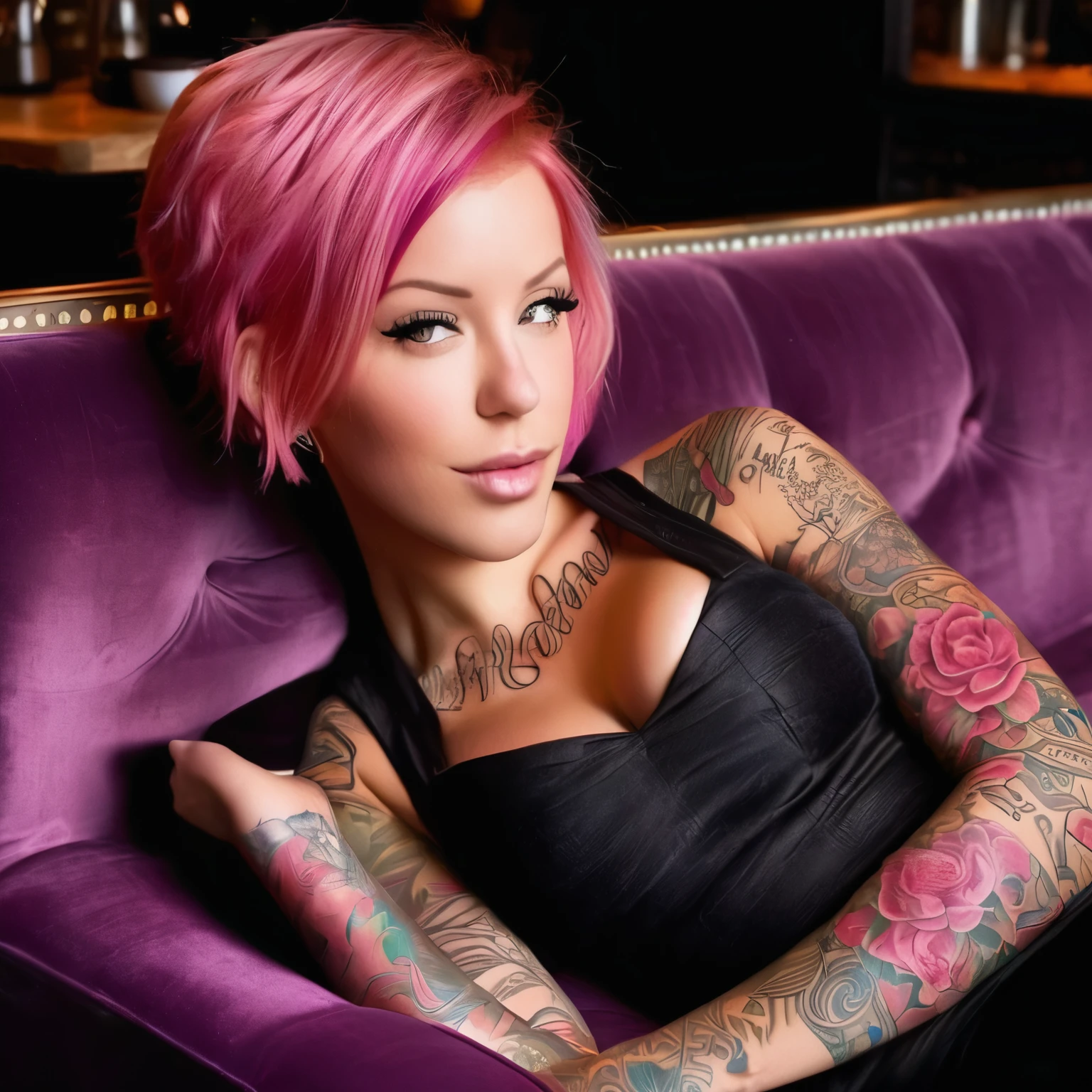 Imagine Laurence Bedard reclining on a plush velvet sofa in a cozy coffee shop, her pink hair framing her captivating features. As she sips her espresso, the sleeve of her full body tattoo peeks out from beneath her croped top, hinting at the intricate designs that adorn her skin. The aroma of freshly ground coffee mixes with the sight of her mesmerizing ink, of the caligraphic style tattoo saying overcome, on her abdomin,