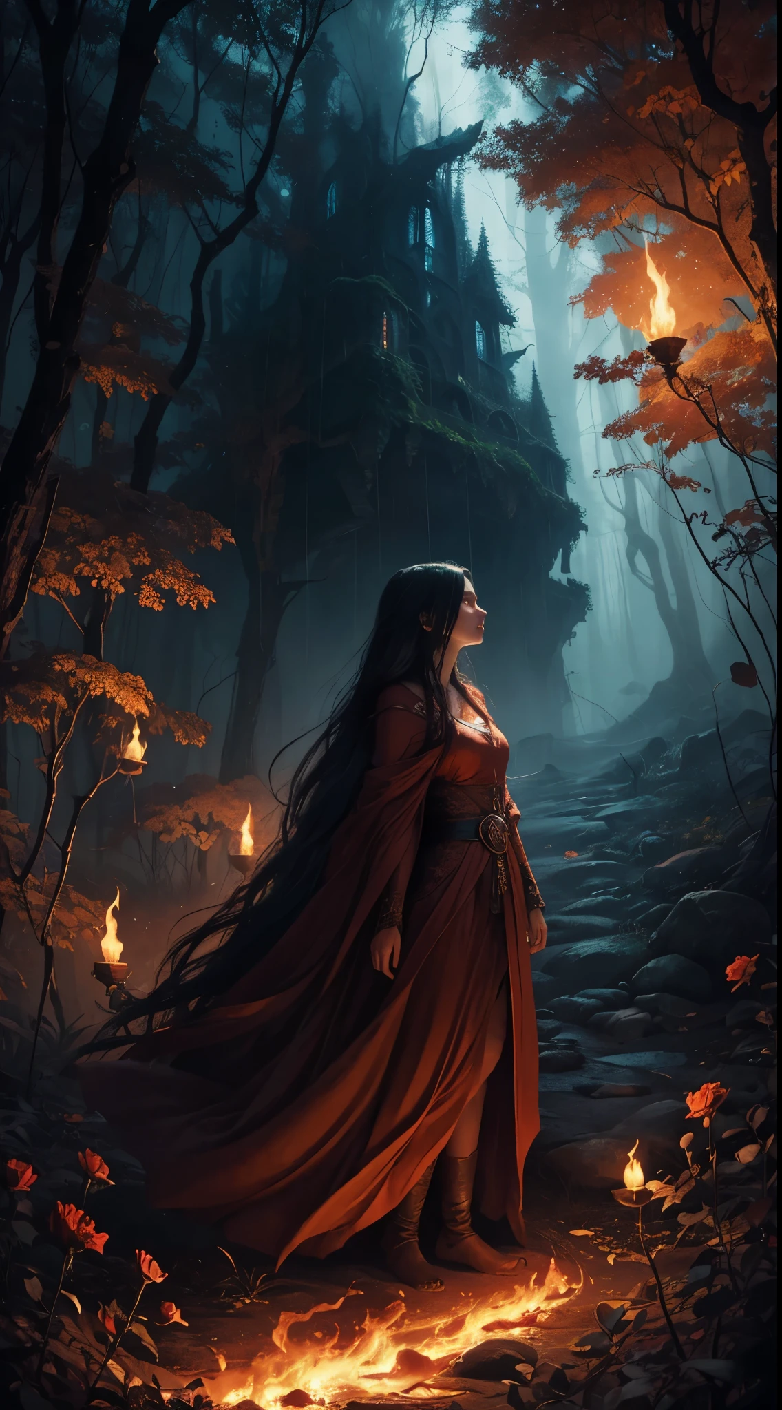 rain of fiery hearts,oil on canvas,mystical fogs,Tomasz Alen Kopera,Anna Dittmann,red and orange hues,ethereal atmosphere,hypnotic beauty,melancholic emotions,surreal dreamscape,detailed brushwork,emerging shadows,fiery sparks,burning passion,romantic vibes,ethereal figures,twisting vines,blooming roses,magical symbols,subtle glow,contrast of light and darkness,dreamlike composition,vibrant colors,enchanted forest,mysterious journey,transcendent experience,symbolic elements,surreal imagination,expressive artistry,distant silhouette,lush foliage,emotional depth,hauntingly beautiful,mesmerizing art style,sublime balance,whimsical details,mysterious storytelling,harmonious blending,fluid movements,compelling narrative