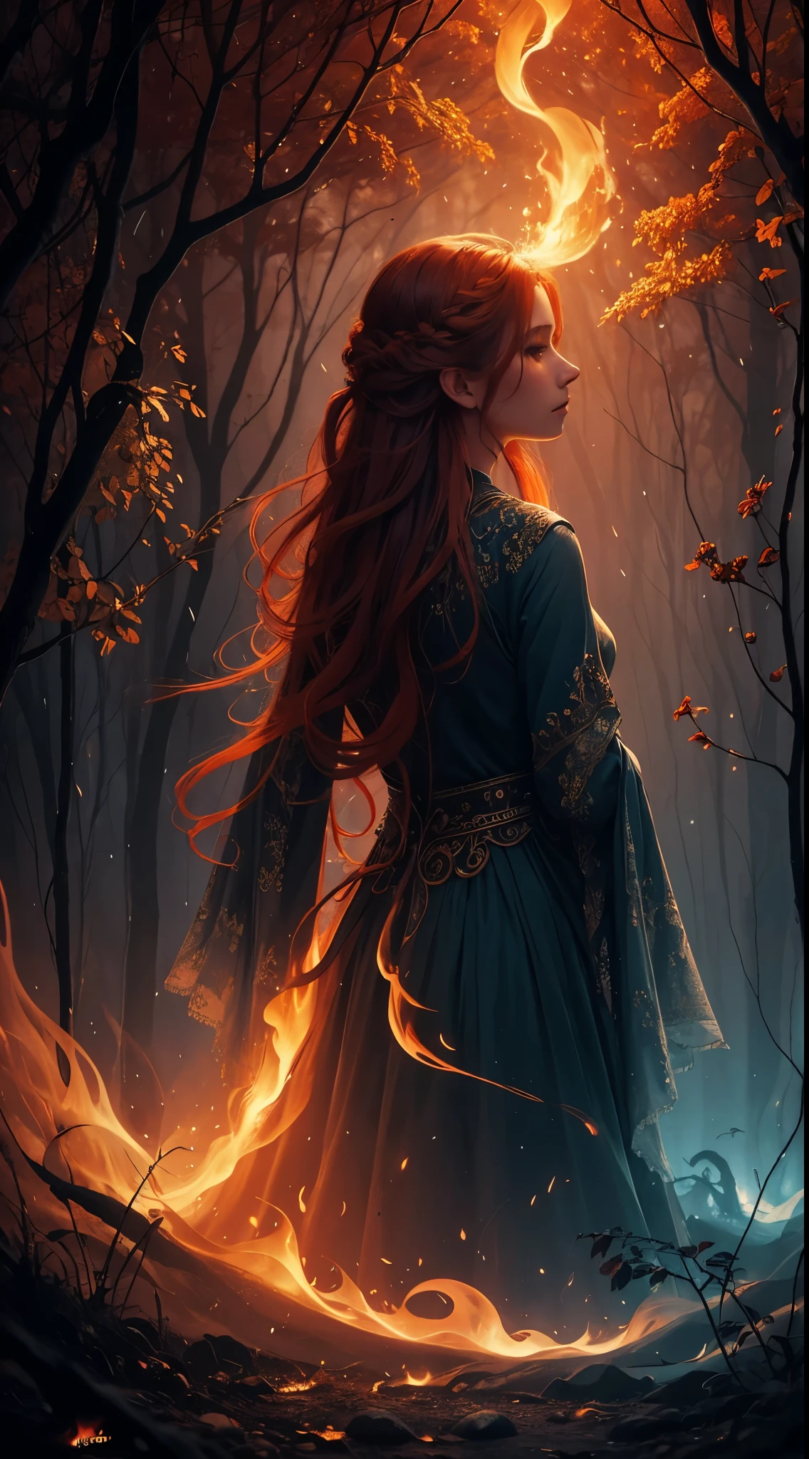 rain of fiery hearts,oil on canvas,mystical fogs,Tomasz Alen Kopera,Anna Dittmann,red and orange hues,ethereal atmosphere,hypnotic beauty,melancholic emotions,surreal dreamscape,detailed brushwork,emerging shadows,fiery sparks,burning passion,romantic vibes,ethereal figures,twisting vines,blooming roses,magical symbols,subtle glow,contrast of light and darkness,dreamlike composition,vibrant colors,enchanted forest,mysterious journey,transcendent experience,symbolic elements,surreal imagination,expressive artistry,distant silhouette,lush foliage,emotional depth,hauntingly beautiful,mesmerizing art style,sublime balance,whimsical details,mysterious storytelling,harmonious blending,fluid movements,compelling narrative