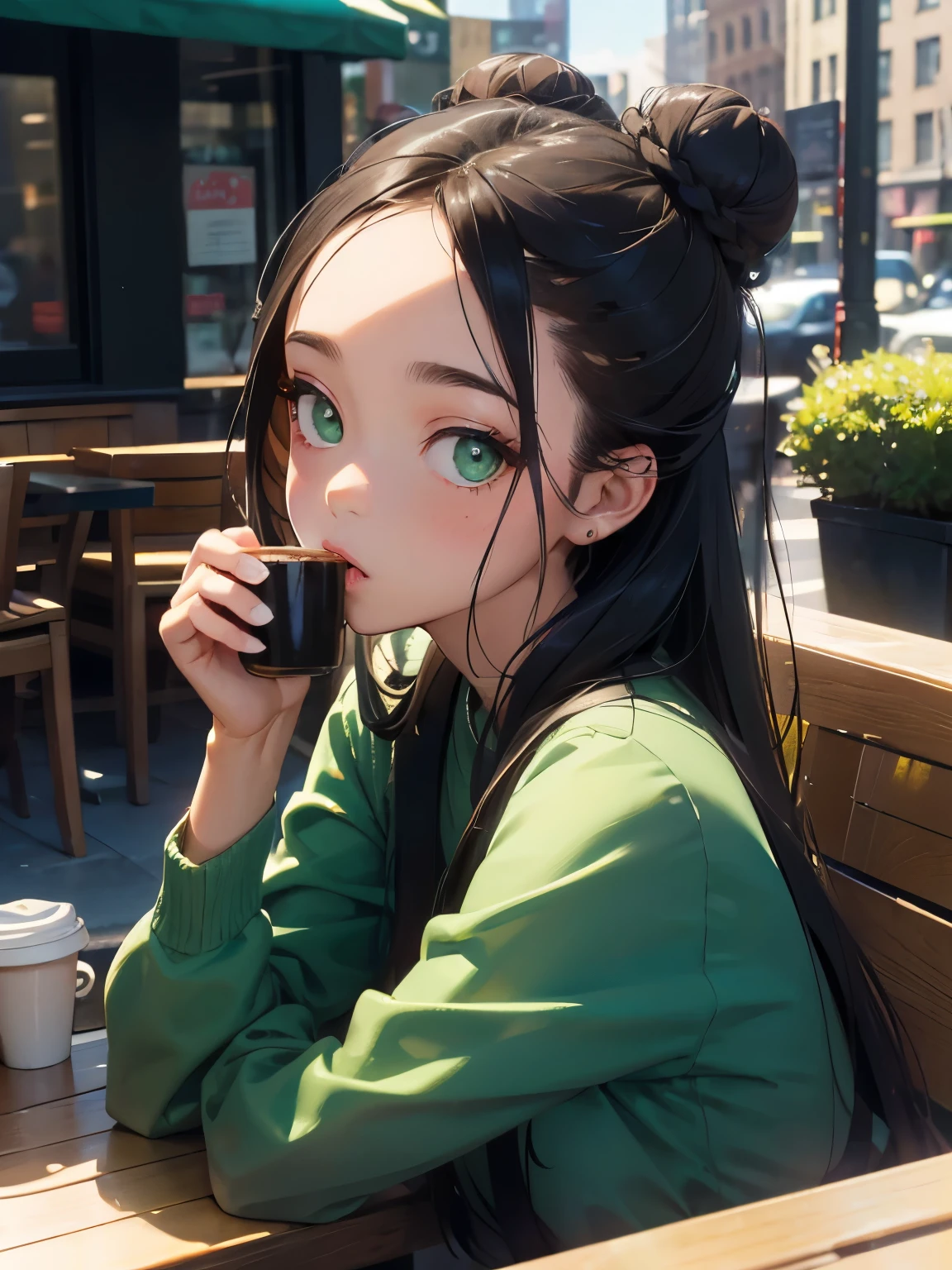 Cafes in New York、drinking coffee on the outdoor terrace、highest quality, 20 year old woman,Shadow, ((two bun hair)) long hair in two buns,、forehead is exposed.、black hair、green eyes、,Upper body,random reflections,natural skin texture,Face looking up,drooping corners of the eyes,soft light,sharp,