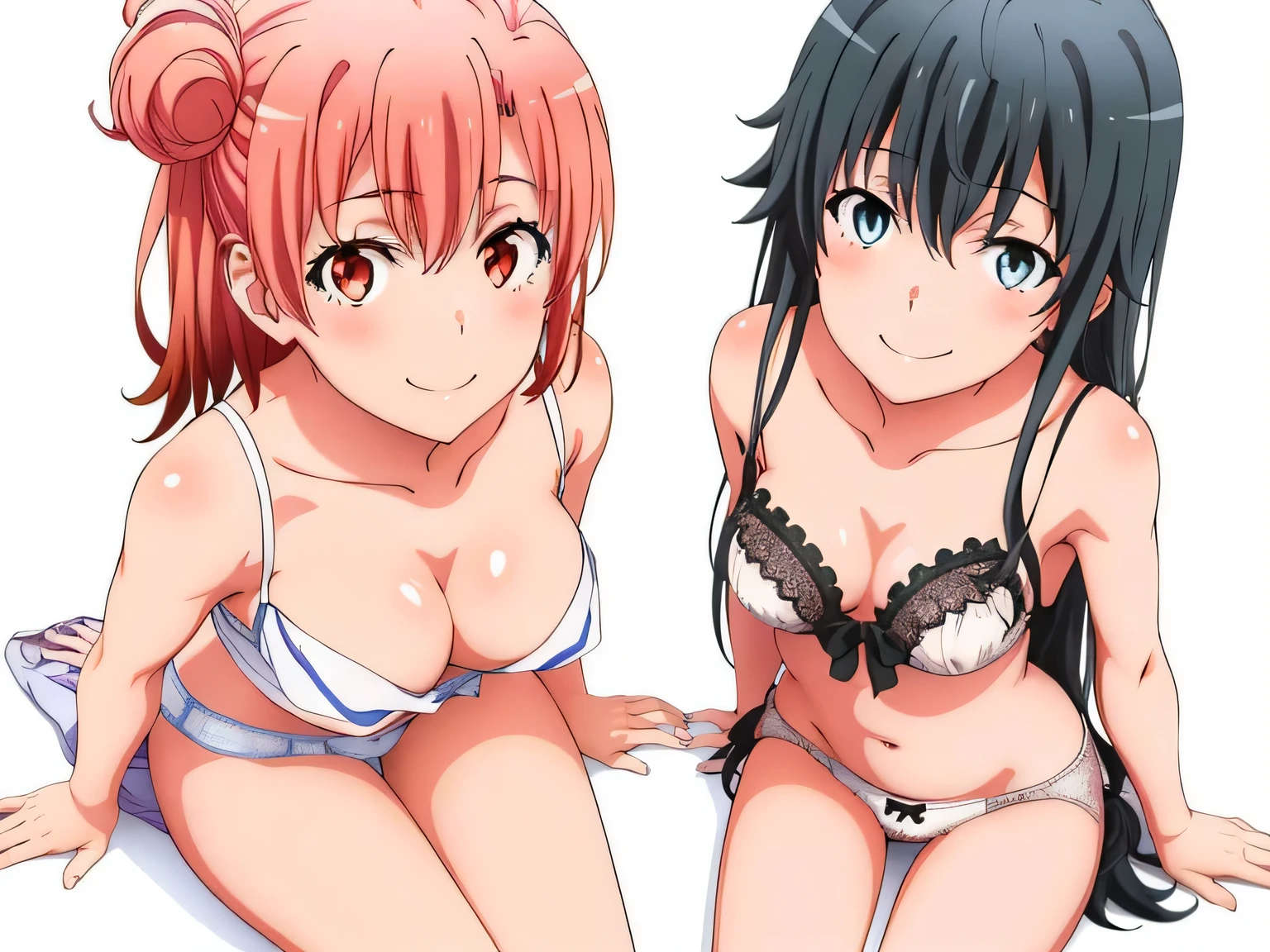 ((2 girls:1.0)), (Yuigahama Yui shapely breasts),(Yukinoshita Yukino),In underwear,pin up,sit,red ribbon on pants,white silk lace panties,white silk panties,belly button,thighs,knees,calf,front,looking at camera,(high angle),open your mouth,smile,Panoramic view of the head,beautiful eyes
