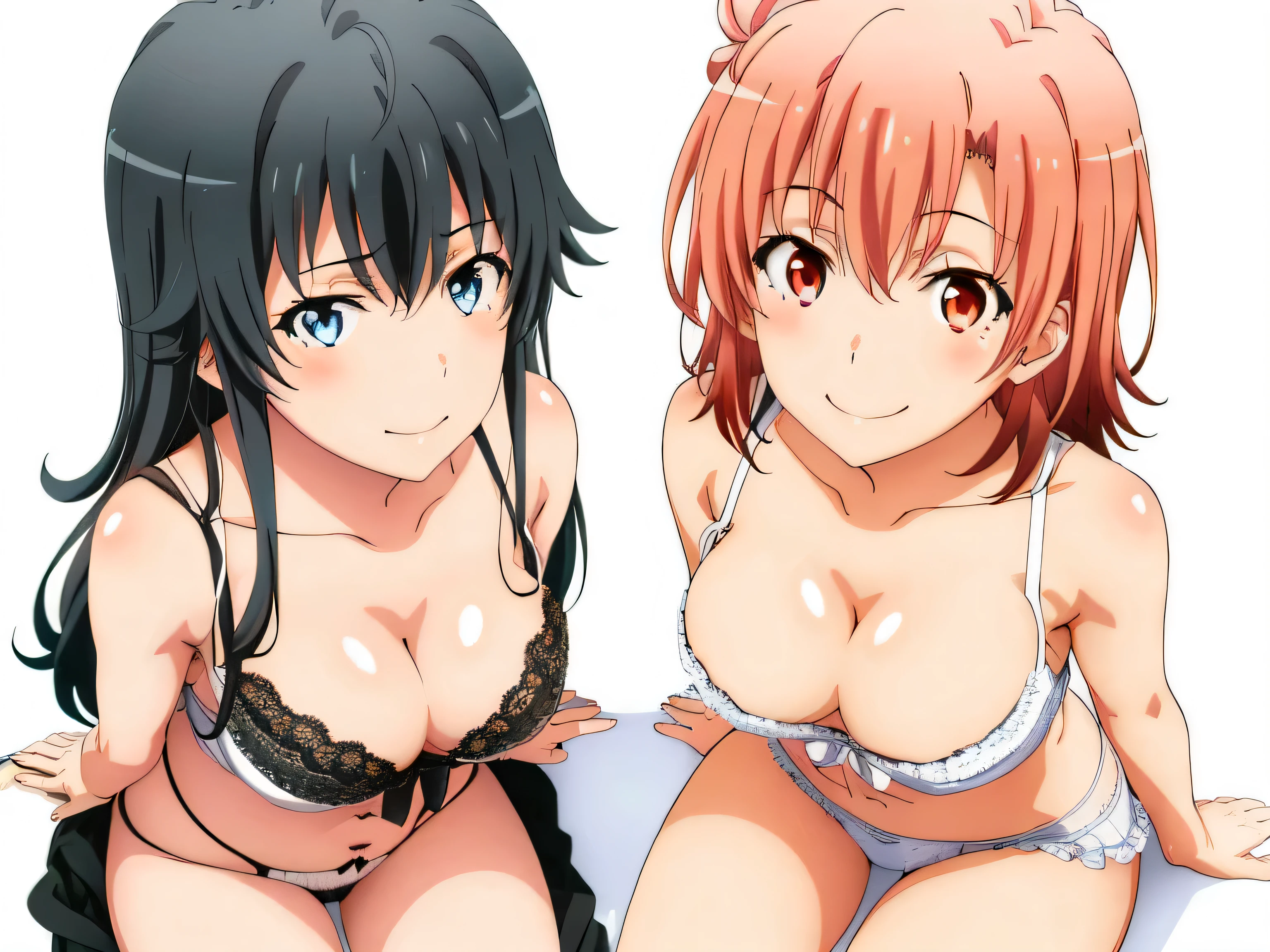 ((2 girls:1.0)), (Yuigahama Yui shapely breasts),(Yukinoshita Yukino),In underwear,pin up,sit,red ribbon on pants,white silk lace panties,white silk panties,belly button,thighs,knees,calf,front,looking at camera,(high angle),open your mouth,smile,Panoramic view of the head,beautiful eyes
