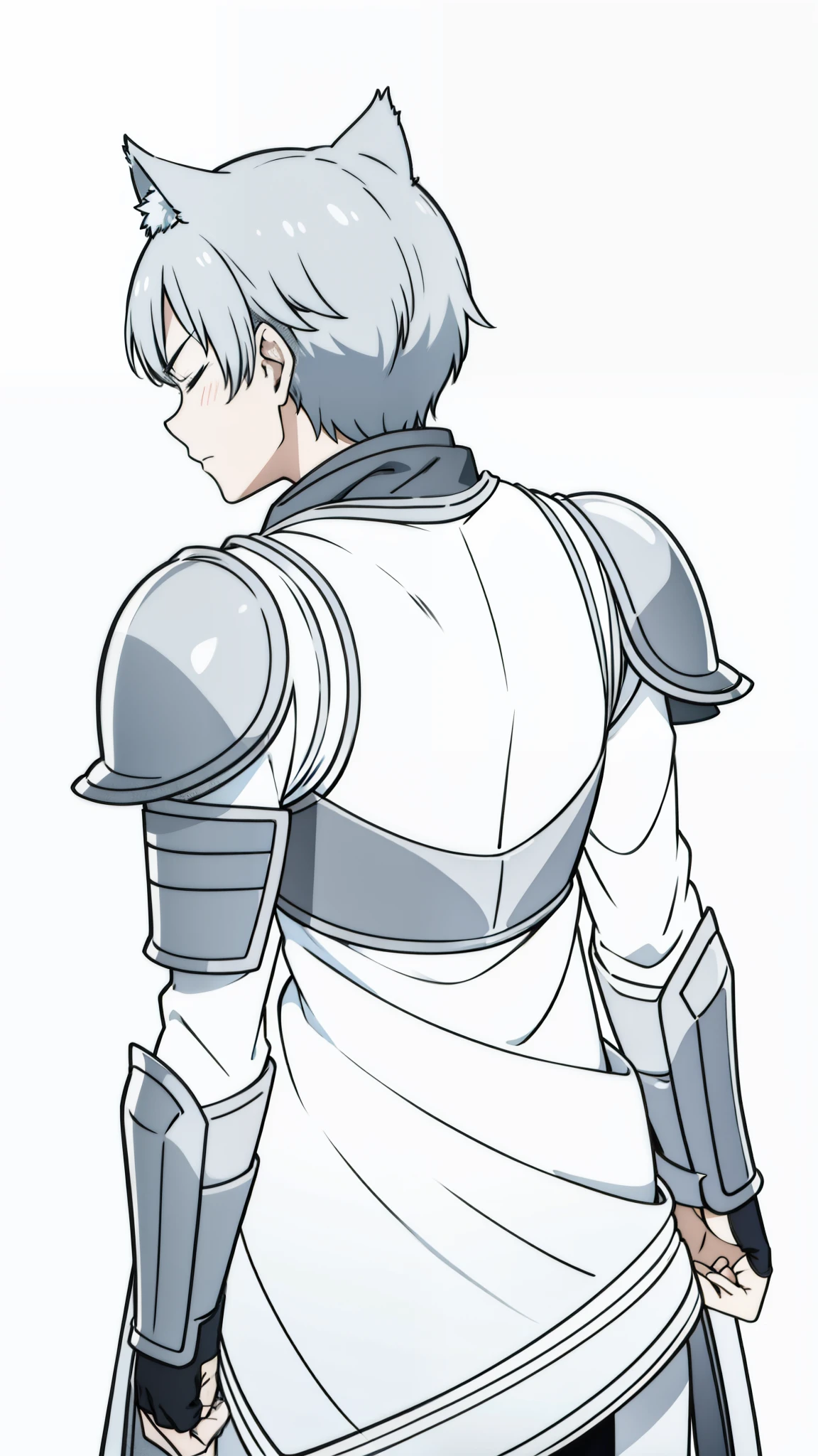 (1boy,8 years old),short hair,solo,simple armor,gray hair,wolf ears,(white background,line drawing),from back,no face,backwards,angry,closed eyes