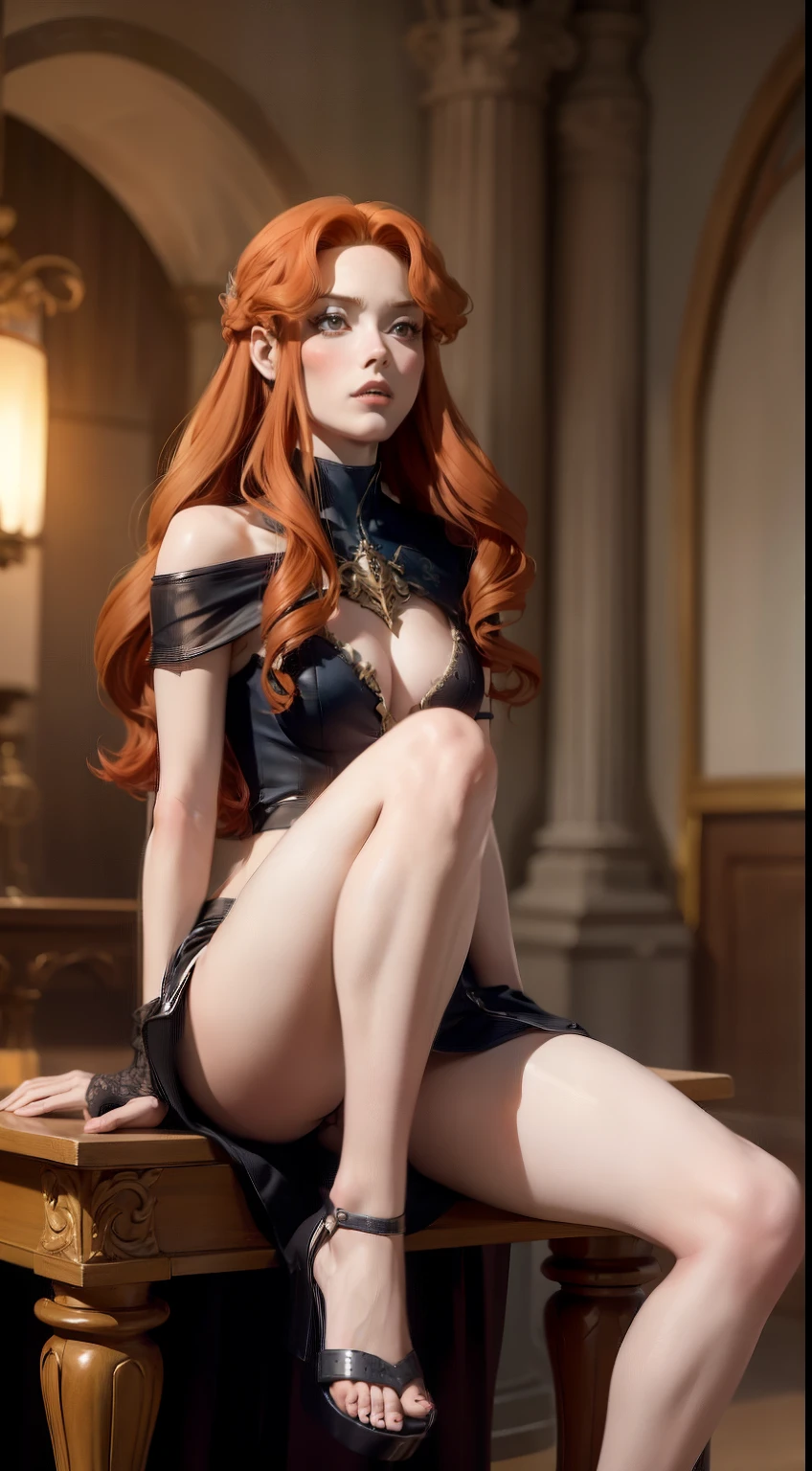 ((foto de corpo inteiro)), ((foto realista)), 1 girl, (colete: 1.2), 8k, high-res, pele finamente detalhada, lingerie, seios enormes, lenore from castlevania, vampire, red hair, skirt, sitting, toned legs, heels, dominant, low angle, upskirt, athletic, skinny, toned, smaller body, thin waist, from below, crossed legs, highly detailed realisticly proportioned legs, toned legs