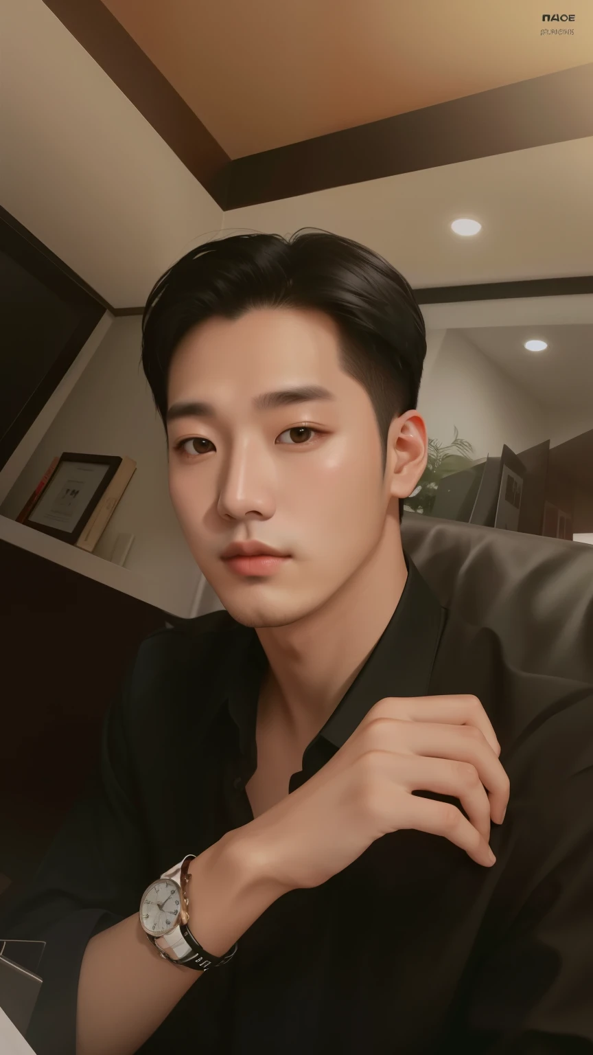 a close-up of a person wearing a watch and a black shirt, homem sul-coreano, kpop idol portrait, inspirado em Joong Keun Lee, artista coreano, Retrato de Jossi do Blackpink, inspirado em Kim Myeong-guk, inspirado em Yanjun Cheng, [ arte digital ]!!, Hong junho hyung, Jinyoung Shin, inspirado em Sim Sa-jeong